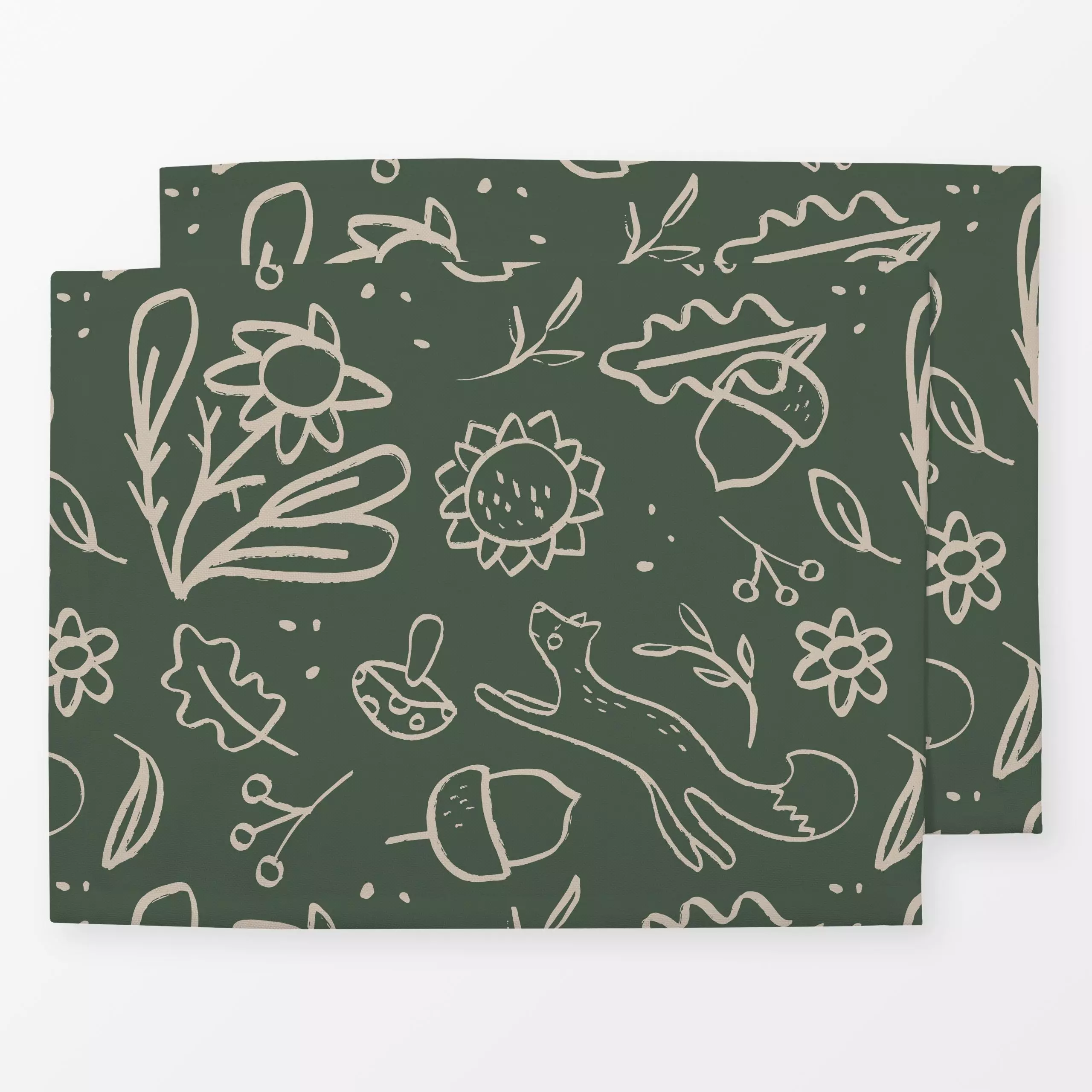 Tischset Fuchs Herbst Green Beige - Natur & Landschaft - von „Kruth Design"; Zweig, Wald, Fuchs, sonnenblumen, Herbst, Herbs...