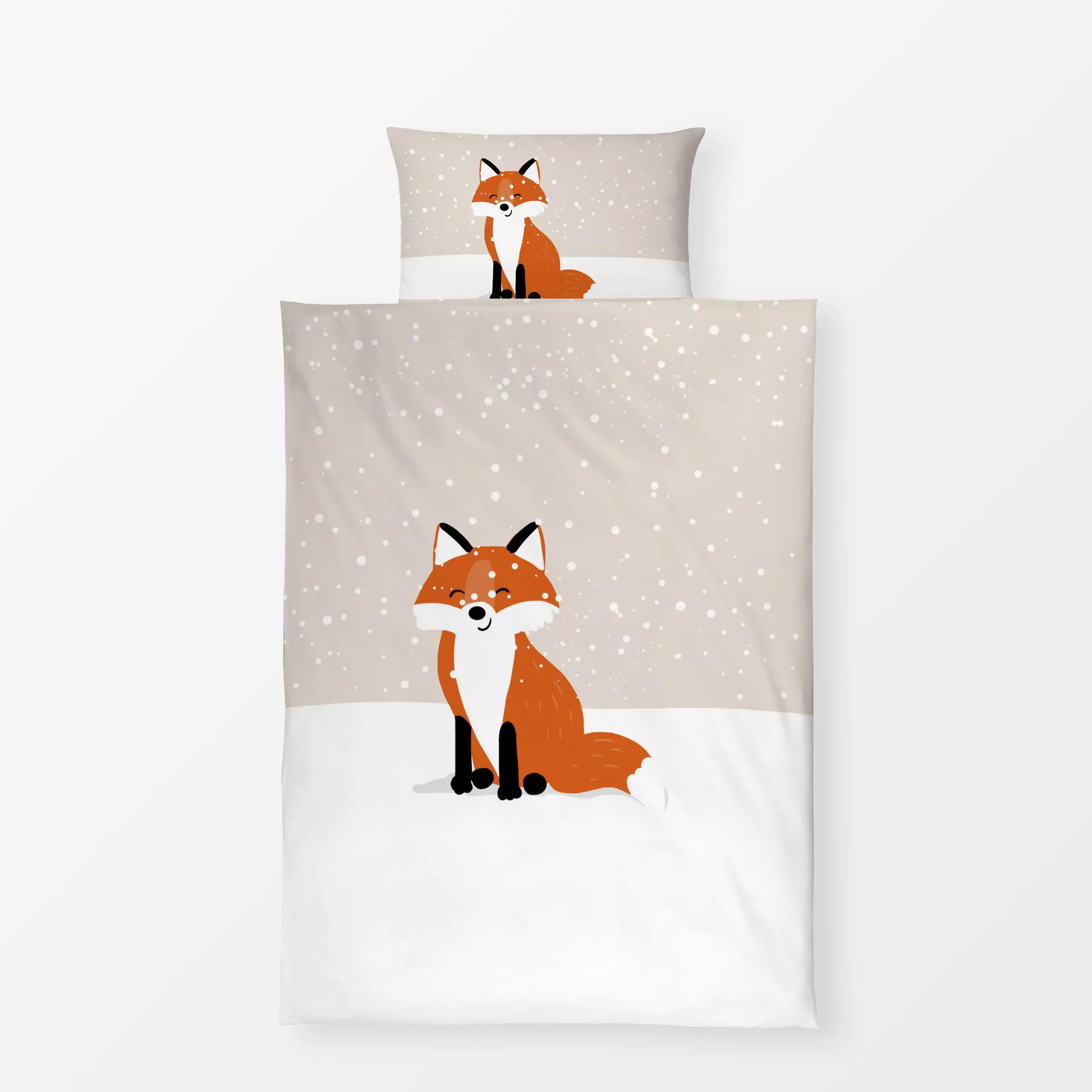 Bettwäsche Fuchsfreude - Kinderzimmer & Motive für Kinder, Tiere, Winter - von „Julia Reyelt"; Natur, Fuchs, Schneeflocken, ...