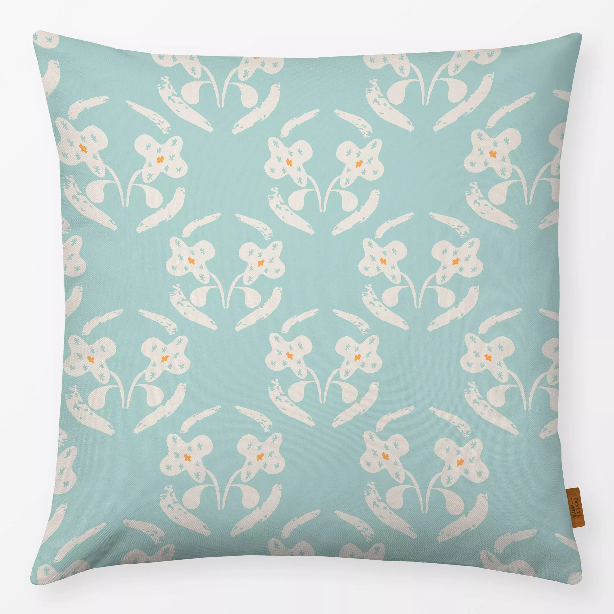 Kissen Flowerpot türkis - Blumen & Florales, Frühling - von „Patries Elisabeth"; Muster, Kinder, allover, Retro, Orange, tra...