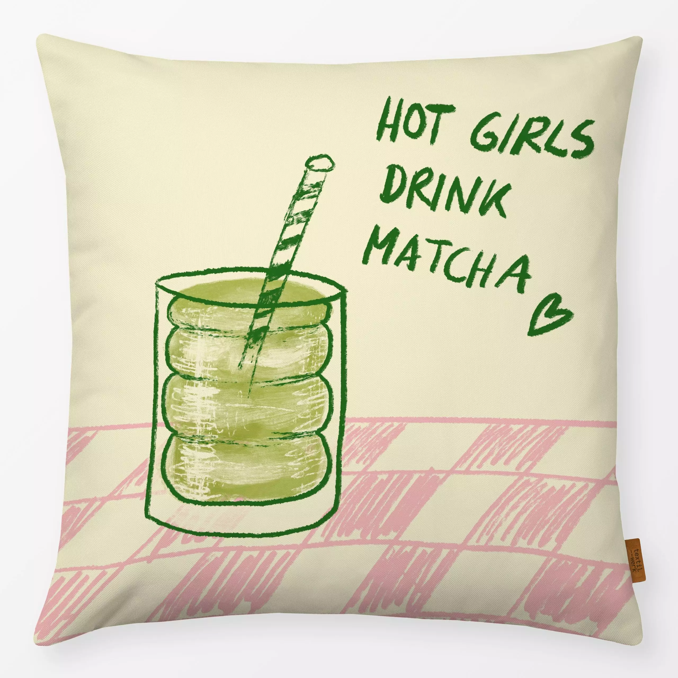 Kissen Hot Girls Drink Matcha - Herbst, Küche, Essen & Trinken - von „Studio Dolci"; rosa, typografie, Herbst, autumn, dunke...