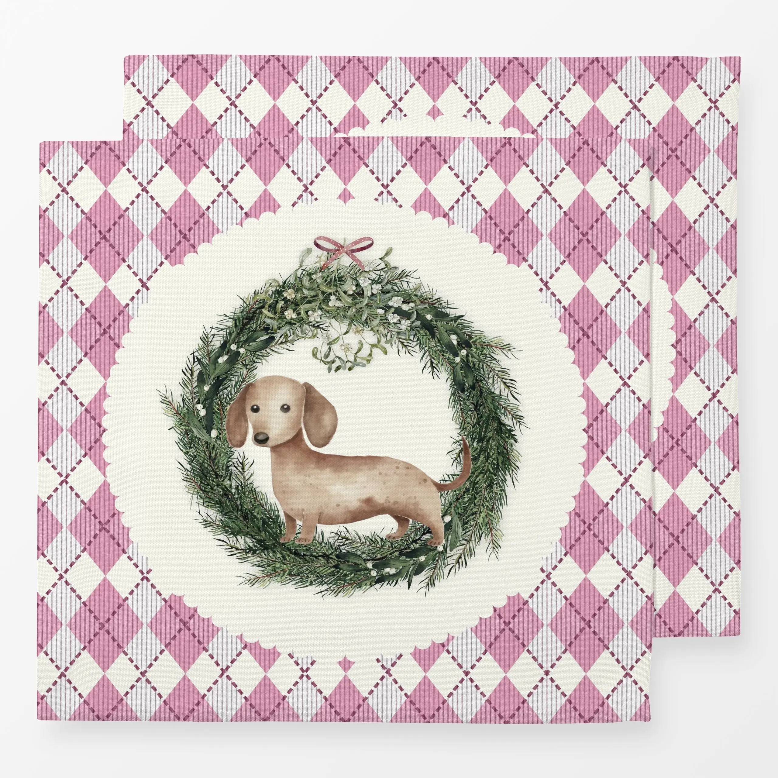Servietten Weihnachtsdackel Raute - Tiere, Weihnachten - von „Monika Strigel"; Wasserfarben, Weihnachten, niedlich, kranz, w...