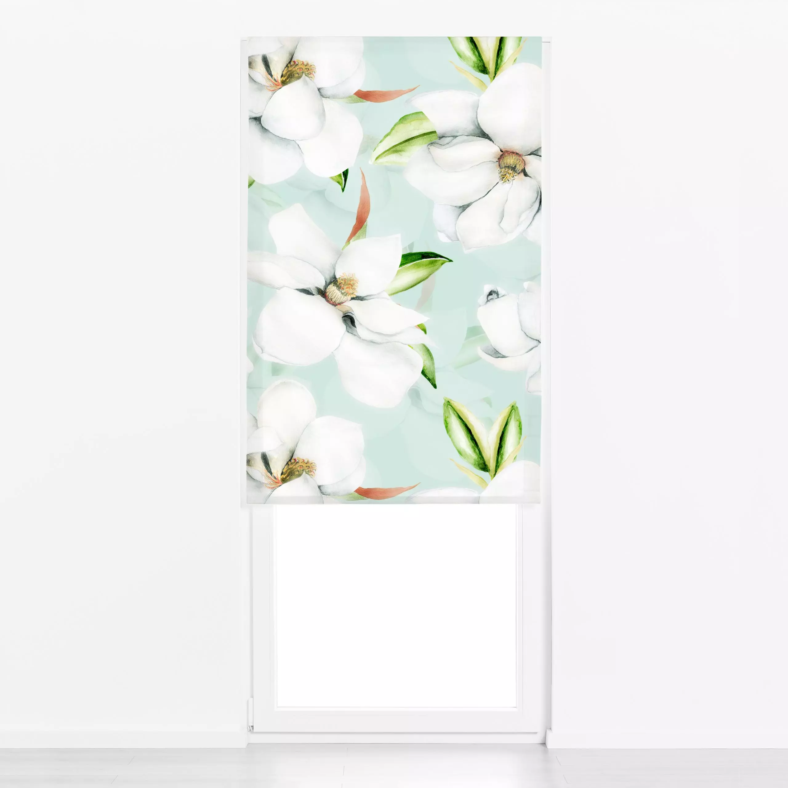 Raffrollo Weiße Kamelien - Blumen & Florales, Frühling - von „Uta Naumann"; boho, Blumen, Blüten, Hygge, Botanisch, landhaus...