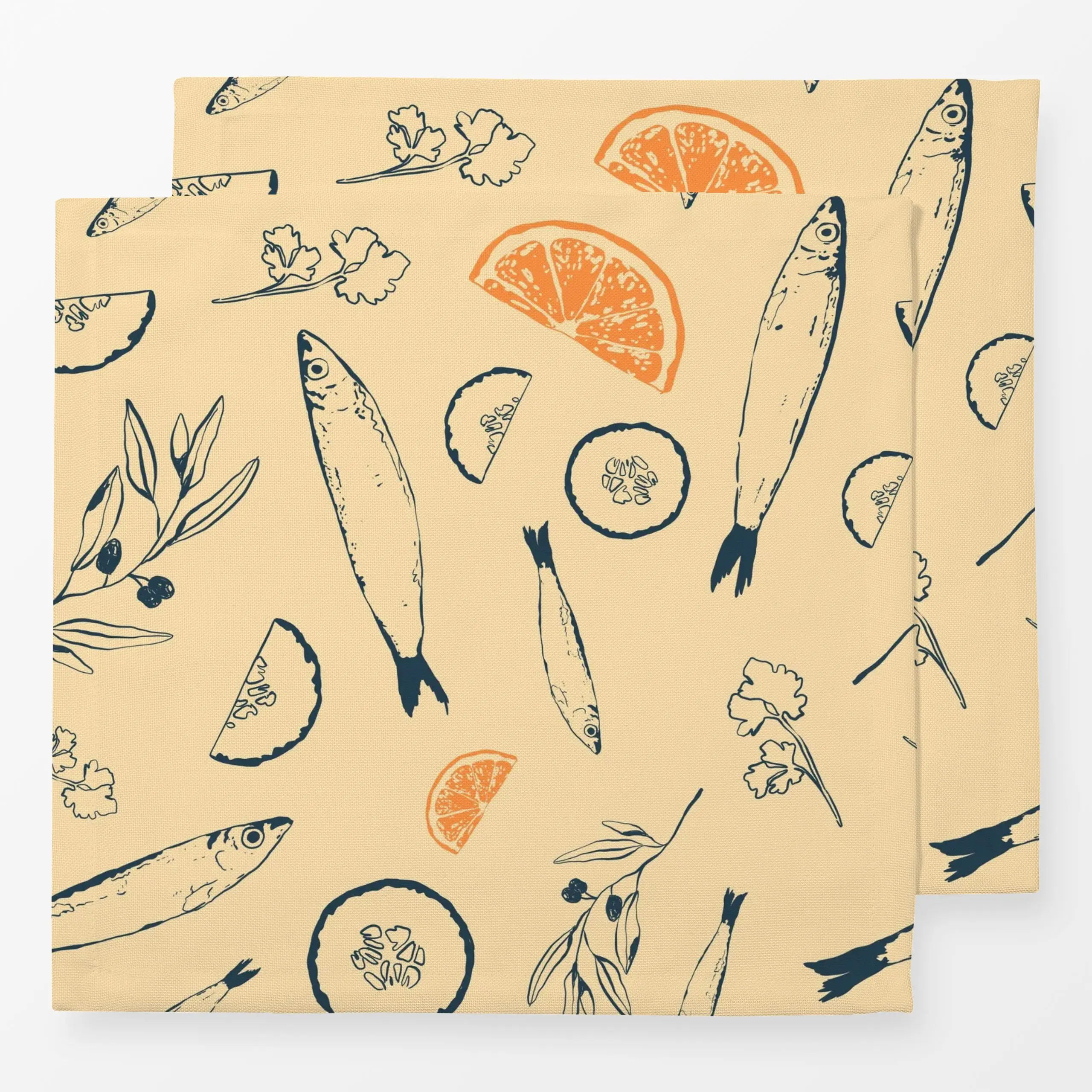 Servietten Santorini Fish Pattern - Sommer, Tiere - von „By Anna Sienna"; Kräuter, Olive / Olivenbaum, Orange, Oliven, Fisch...