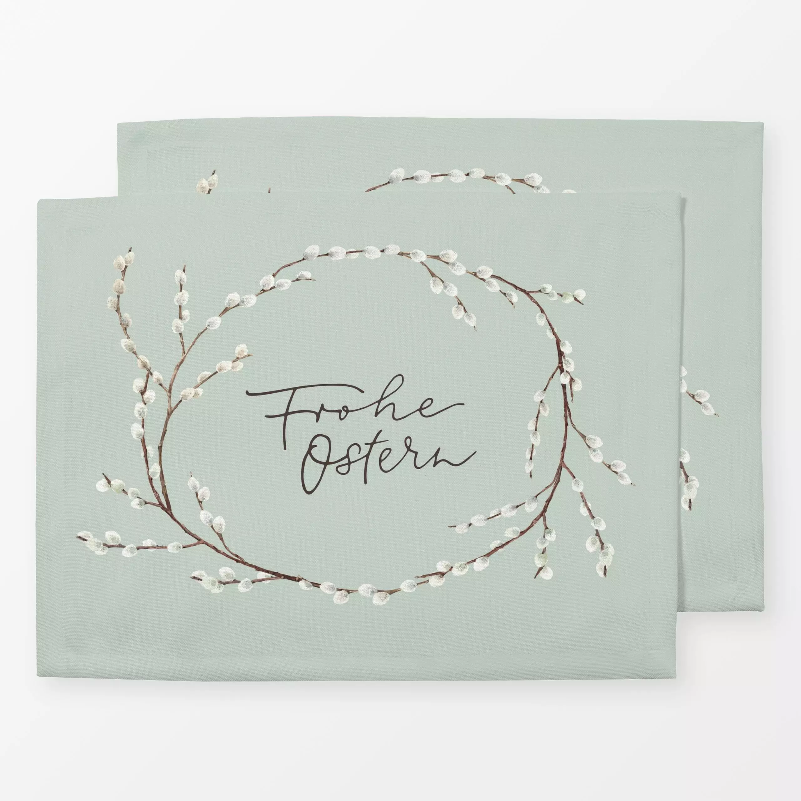 Tischset Frohe Ostern Weide milky green - Anlässe, Ostern - von „Katrin Graff"; Aquarell, Ostern, landhaus, mint, Lettering,...