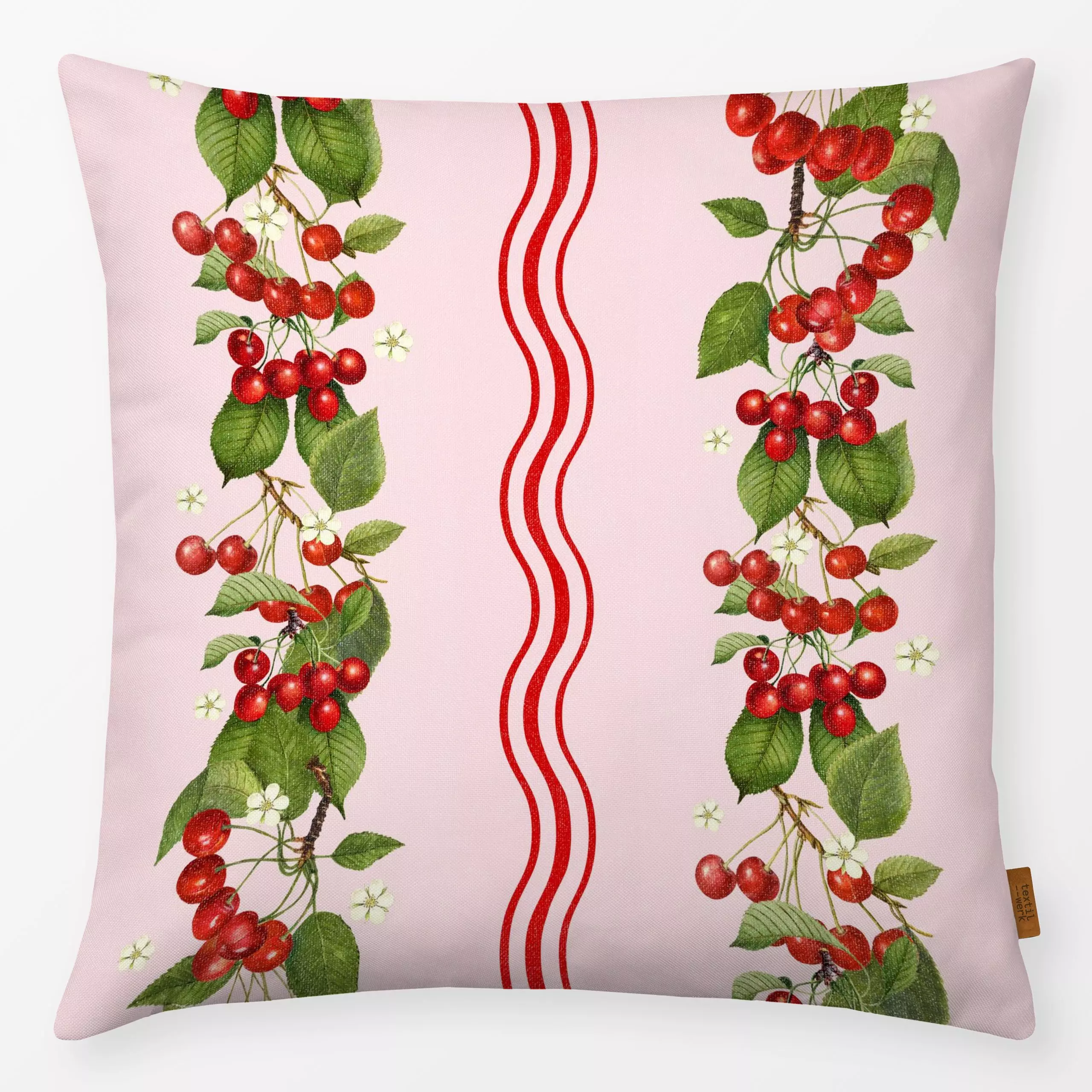 Kissen Preppy cherry waves II - Blumen & Florales, Symbole & Muster, Früchte - von „Bloomery Decor"; Retro, Kirschen, wellen...