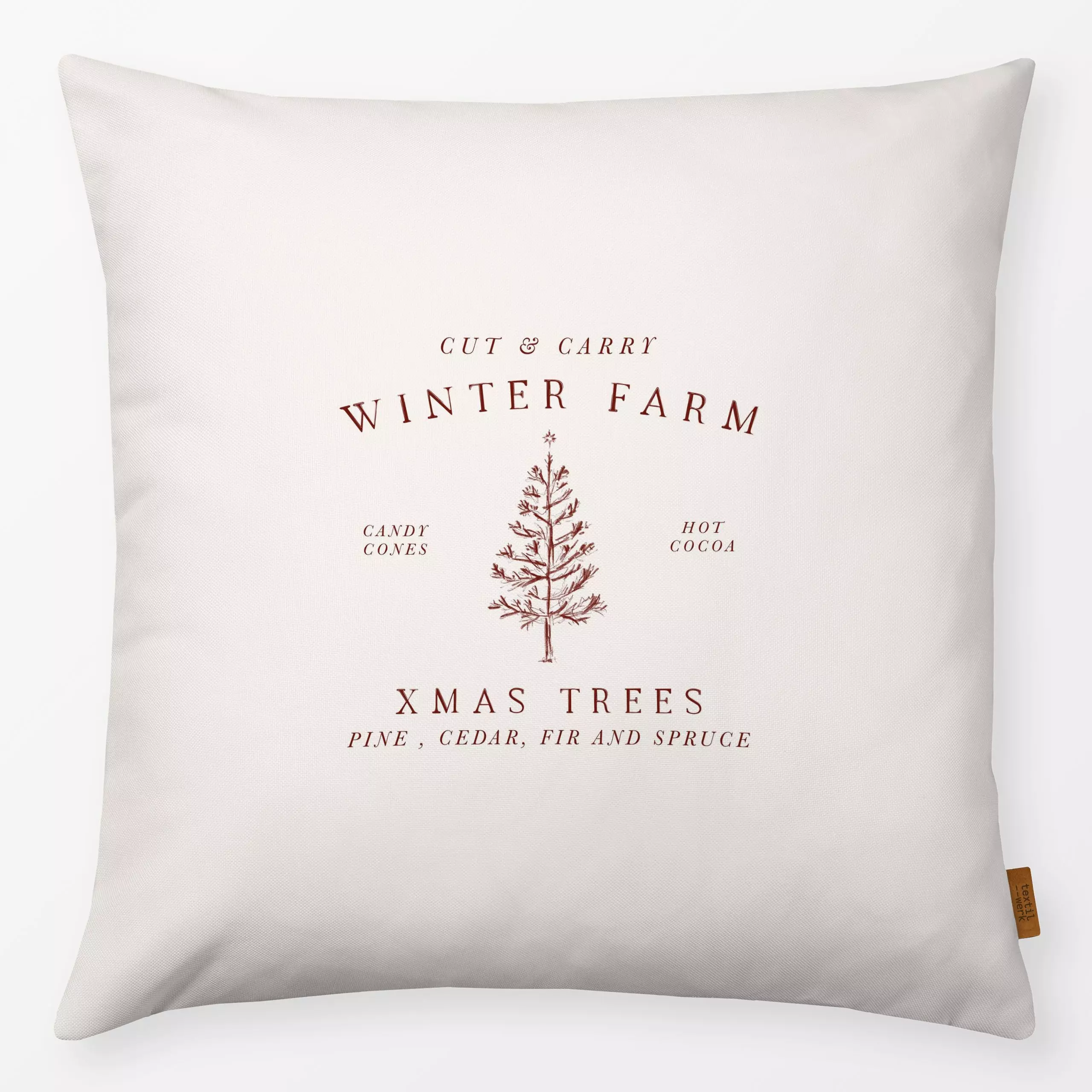 Kissen Winter Farm Red - Sprüche & Schriftzüge, Weihnachten - von „Kruth Design"; Weihnachtsbaum, Weihnachten, Winter, weihn...