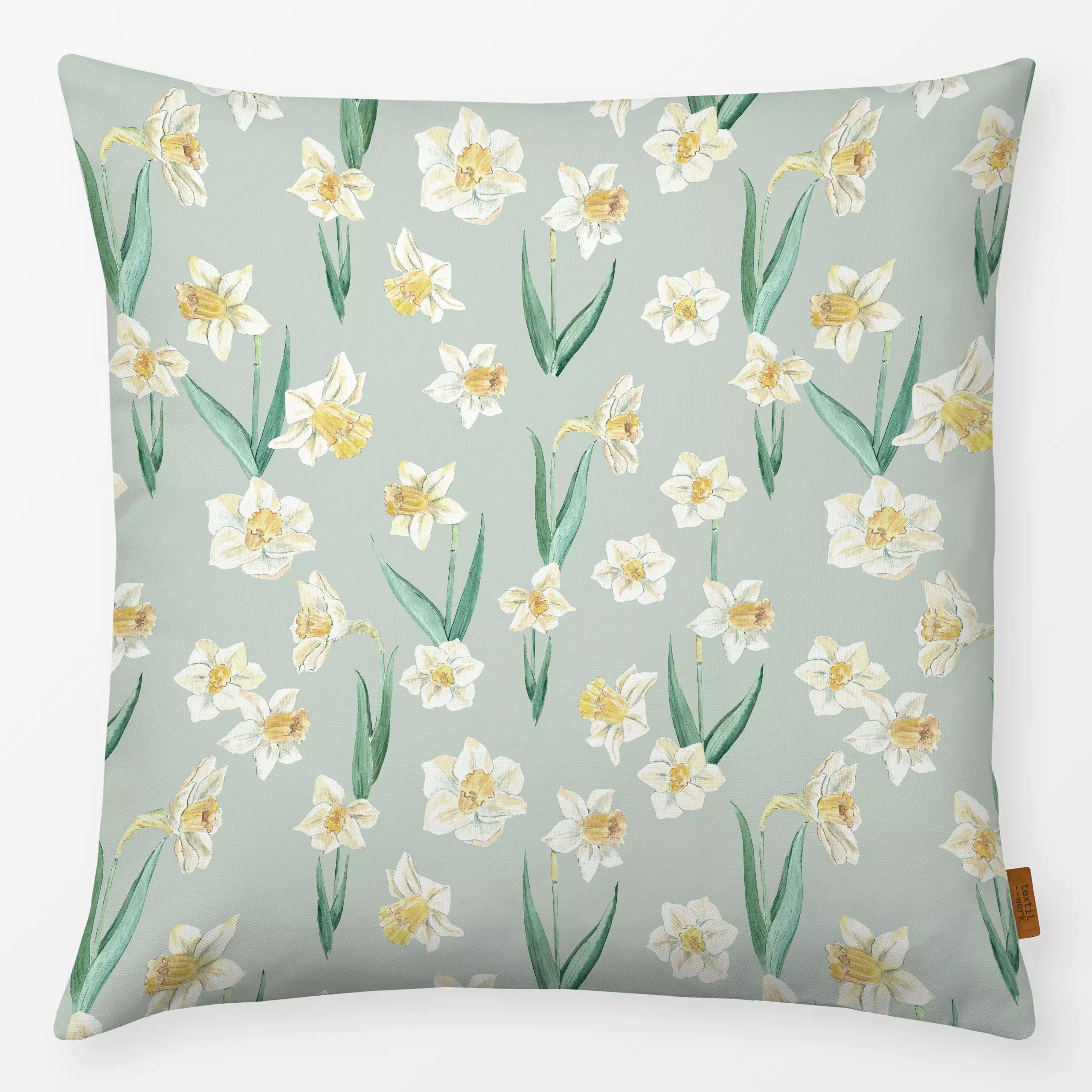 Kissen Oster Narzissen milky green - Blumen & Florales, Frühling - von „Katrin Graff"; Blumen, Ostern, landhaus, Aquarelle, ...