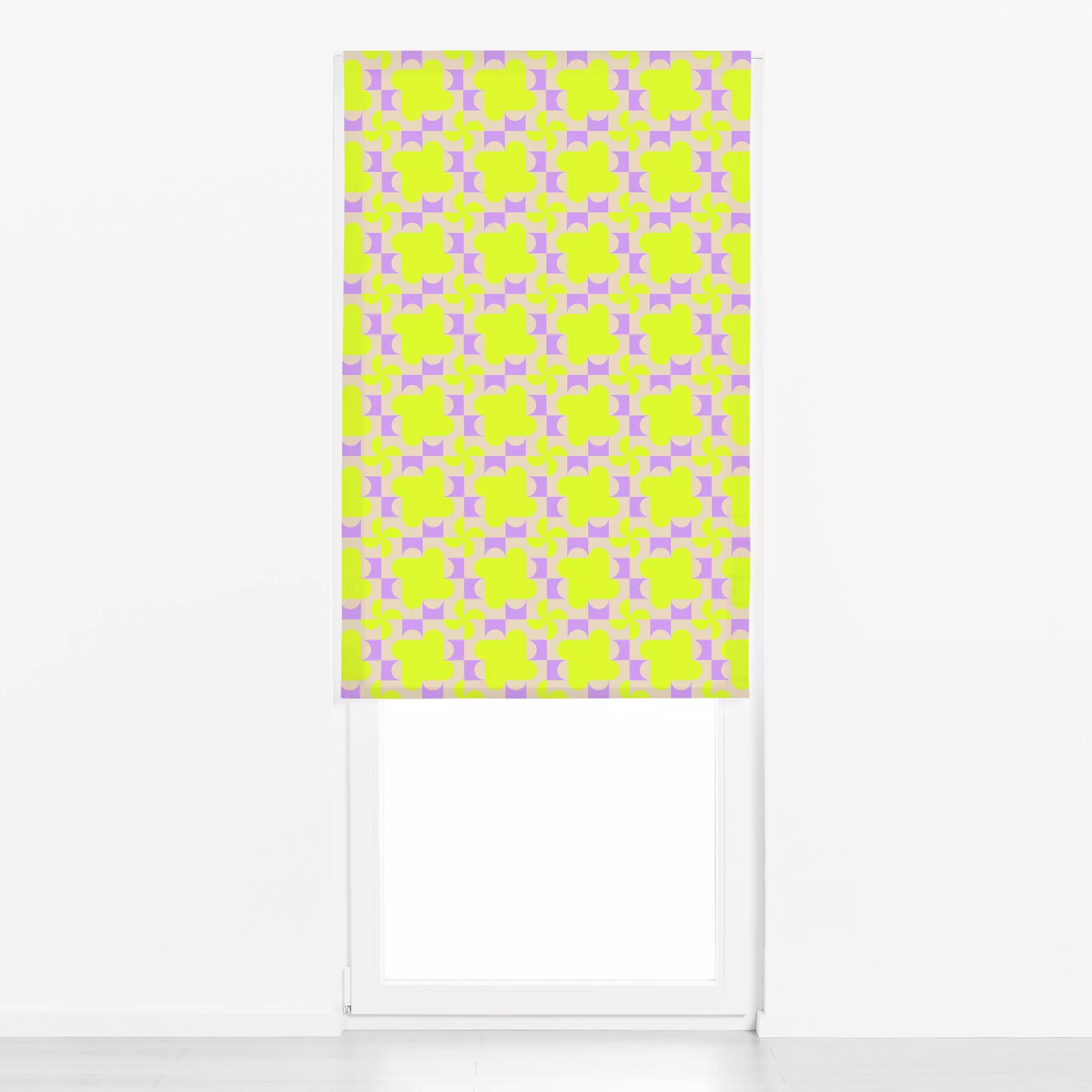 Raffrollo Fun Windmill - Symbole & Muster - von „Julia Schumacher"; Kreise, grafisch, lila, fun, neon, Windrad, Bogen, Halbk...