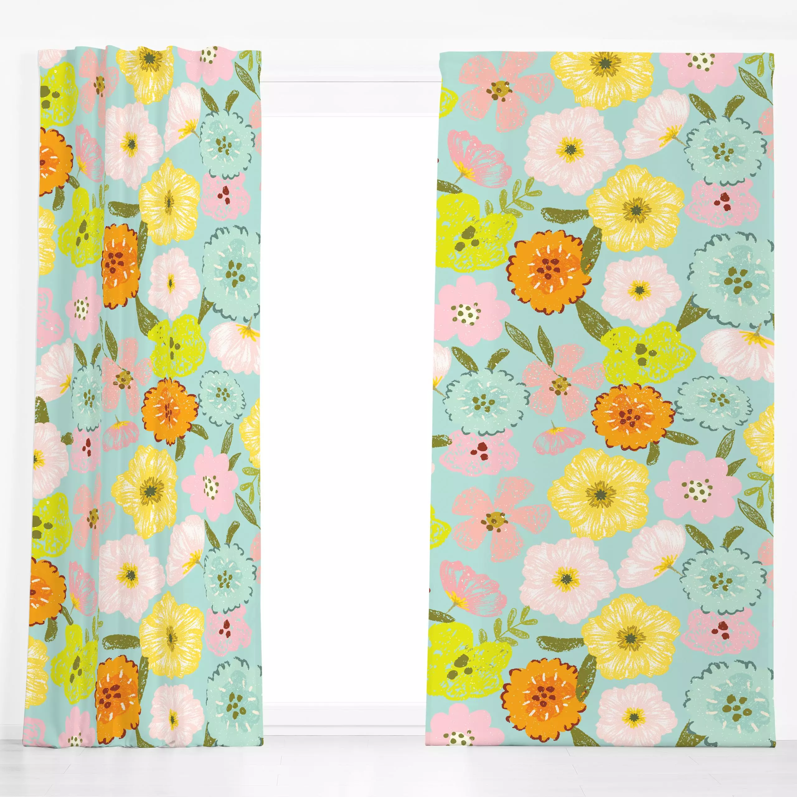 Dekovorhang Doodle Sommer Garten Türkis - Blumen & Florales, Sommer - von „Uta Naumann"; boho, abstrakt, Blumen, Retro, Somm...