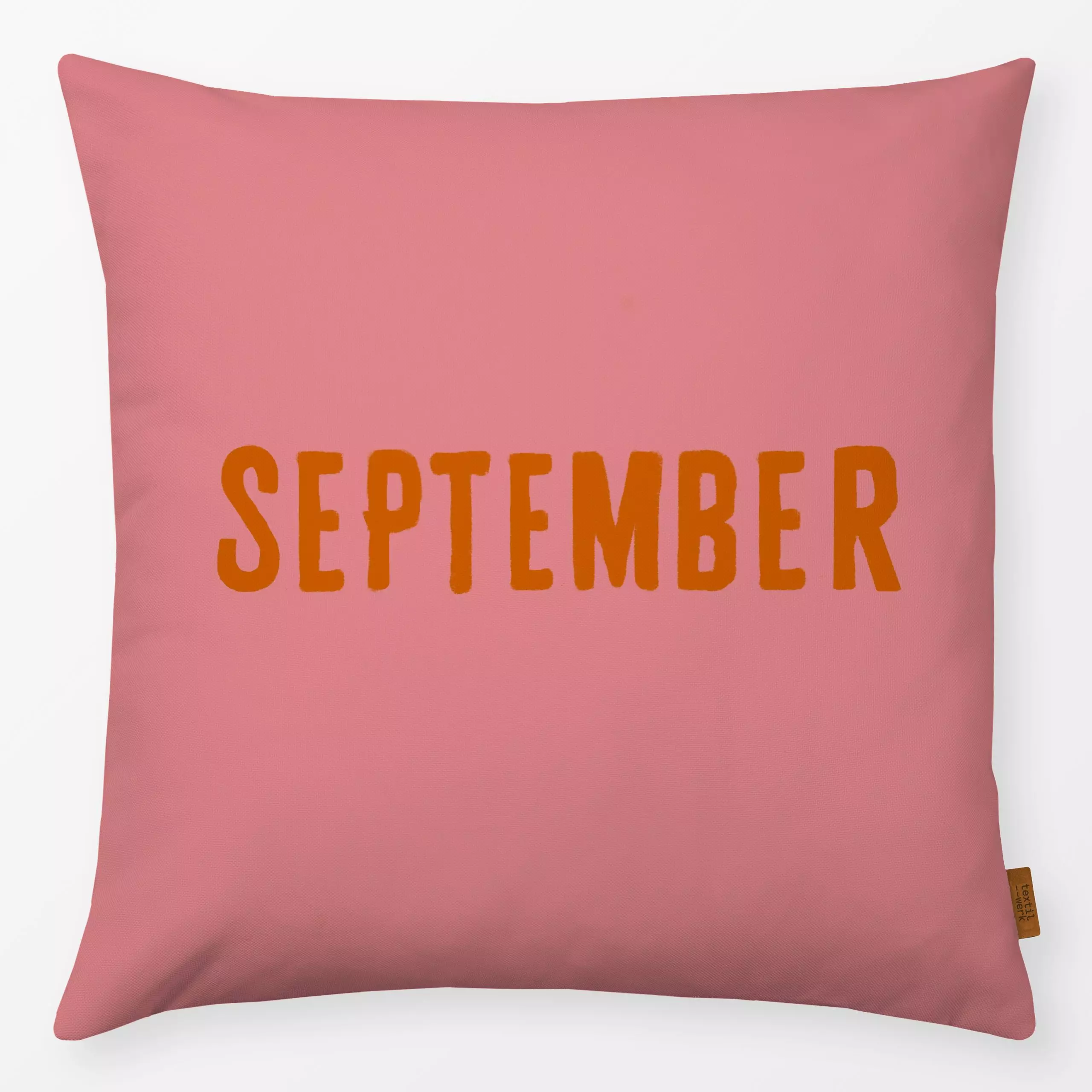 Kissen September Pink Orange - Herbst, Sprüche & Schriftzüge - von „Alisa Knöß"; typografie, Herbstdeko, farbenfroh, schrift...