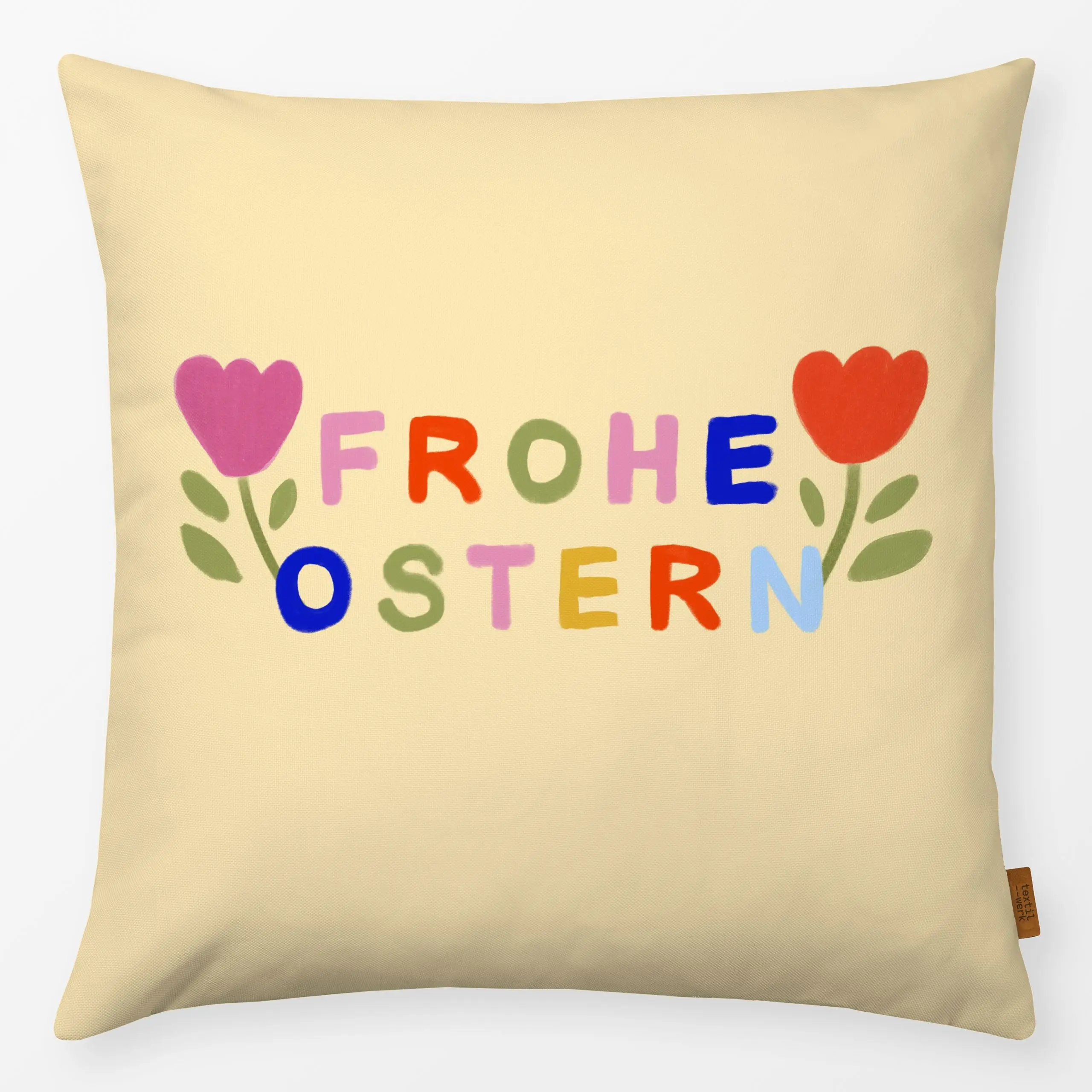 Kissen Frohe Ostern Tulpen Gelb - Sprüche & Schriftzüge, Ostern - von „Sophie Augustin Illustration"; Blumen, Tulpen, Ostern...