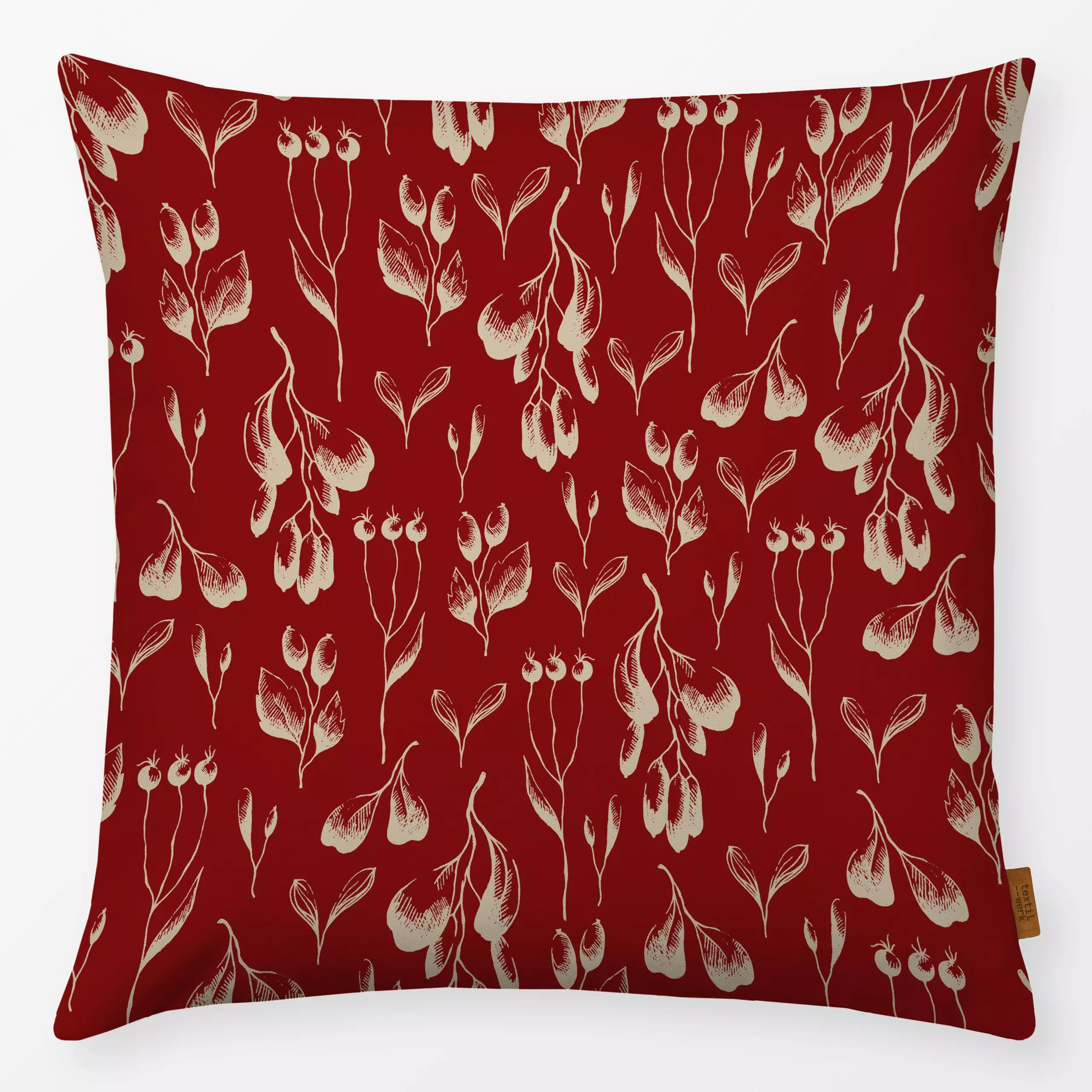 Kissen Mistelzweige sand auf rot - Blumen & Florales, Weihnachten, Winter - von „Uta Naumann"; boho, Muster, Blätter, Beeren...