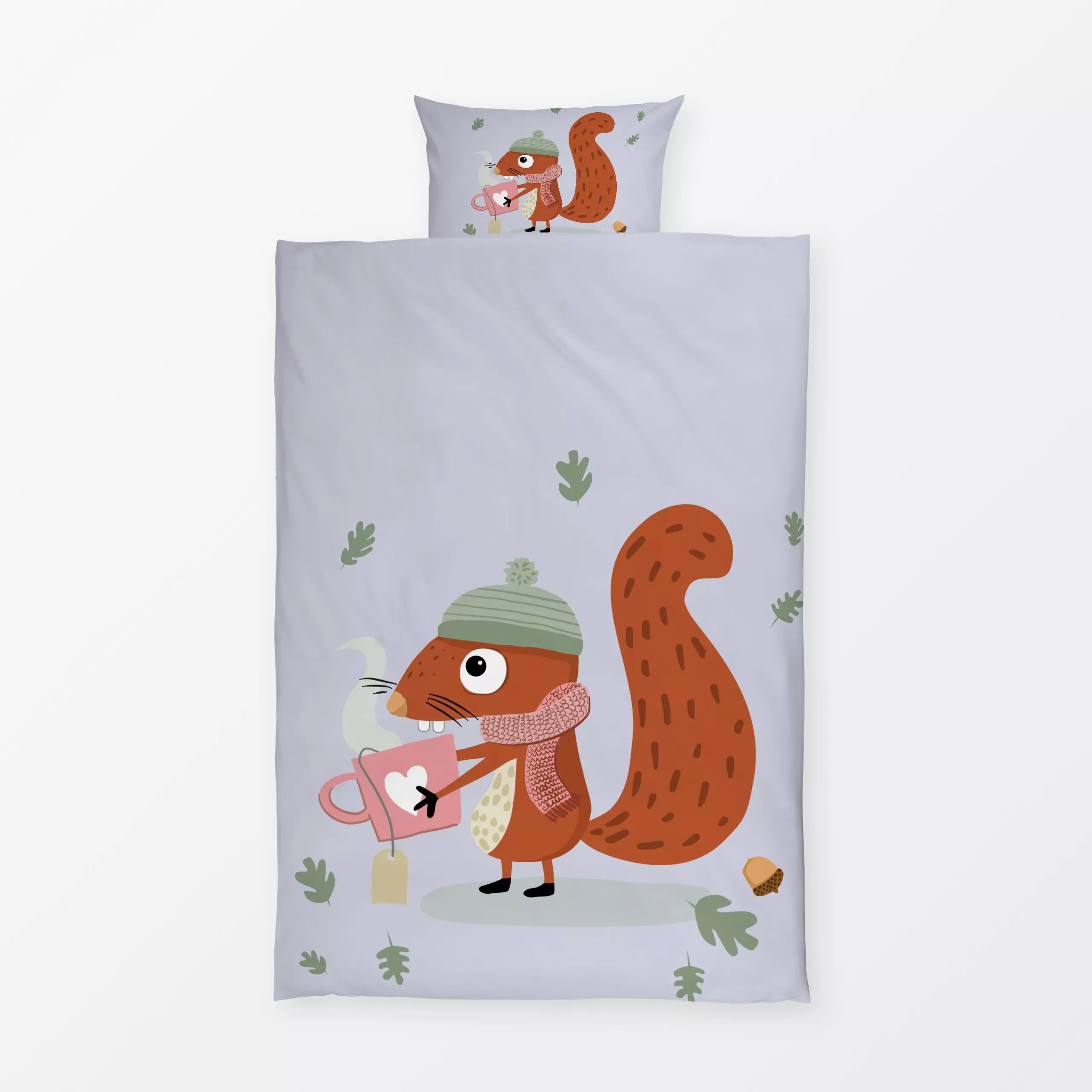 Bettwäsche Eichhörnchen hellviolett - Herbst, Tiere, Winter - von „Heyduda"; Illustration, Kinder, Laub, Hygge, Eichhörnchen...