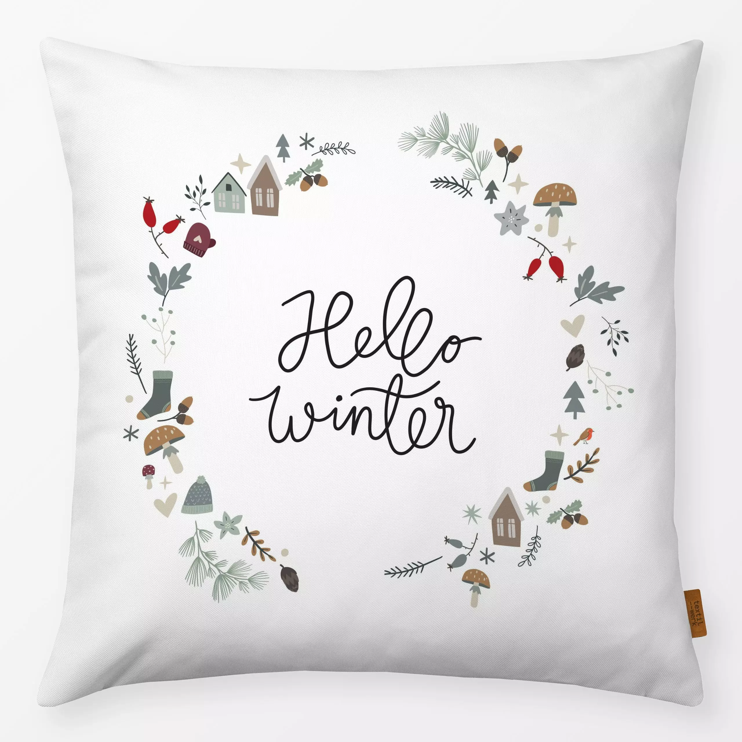 Kissen Hello Winter Cozy Kranz - Sprüche & Schriftzüge, Anlässe - von „Heyduda"; skandinavisch, Hygge, Weihnachten, Winter, ...