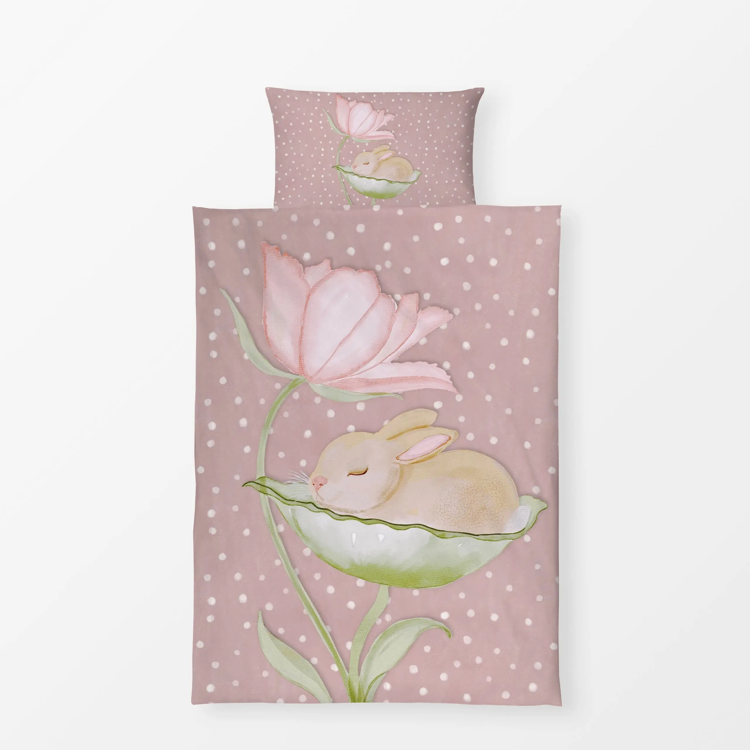 Bettwäsche Baby Hase Pünktchen Blume Rosa - Blumen & Florales, Frühling, Kinderzimmer & Motive für Kinder - von „Monika Stri...