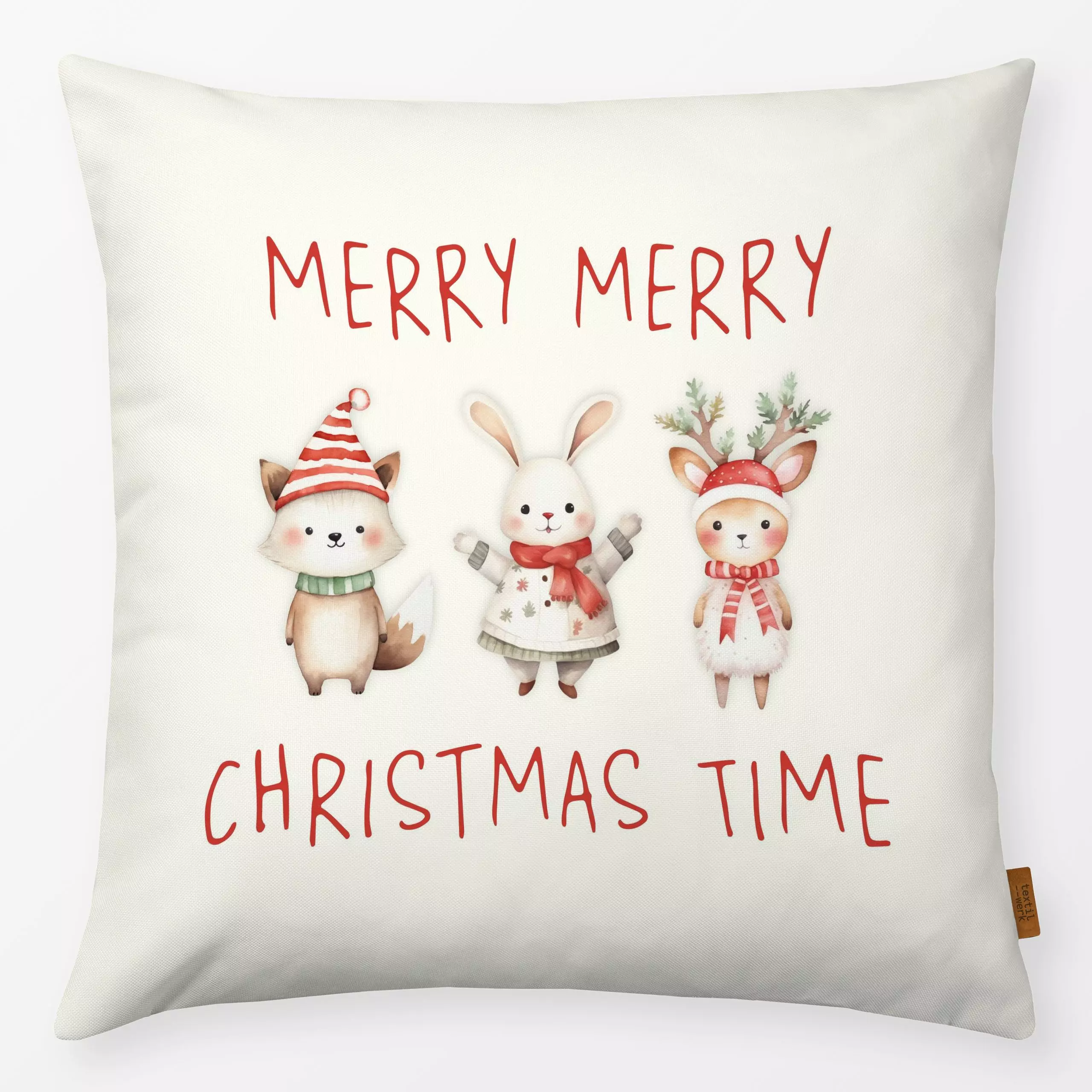 Kissen Holly Jolly Friends Creme - Sprüche & Schriftzüge, Weihnachten, Anlässe - von „Monika Strigel"; Merry Christmas, Rent...