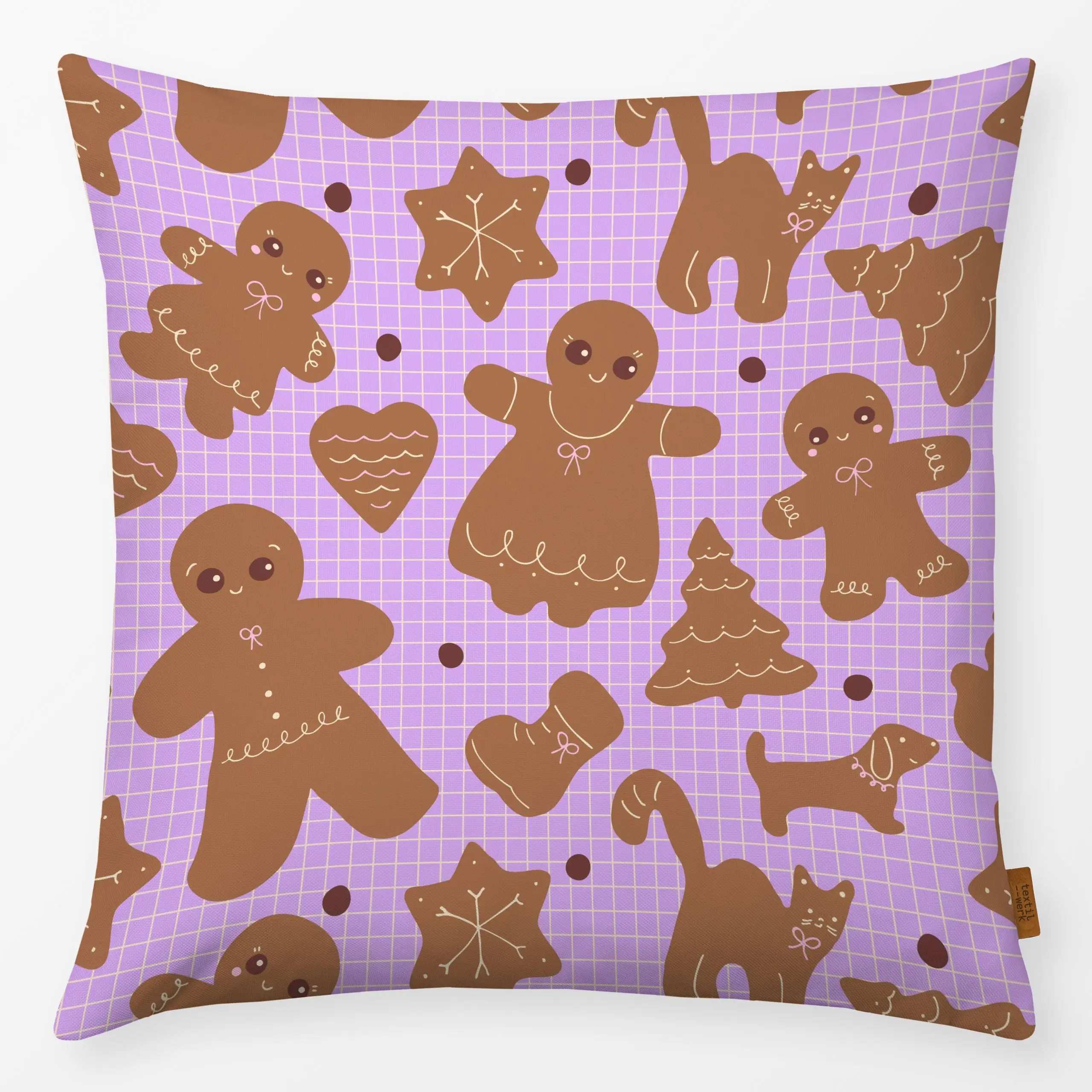 Kissen Lebkuchen Pattern lila - Weihnachten, Winter, Symbole & Muster - von „Julia Schumacher"; Backen, Katze, Lebkuchen, We...