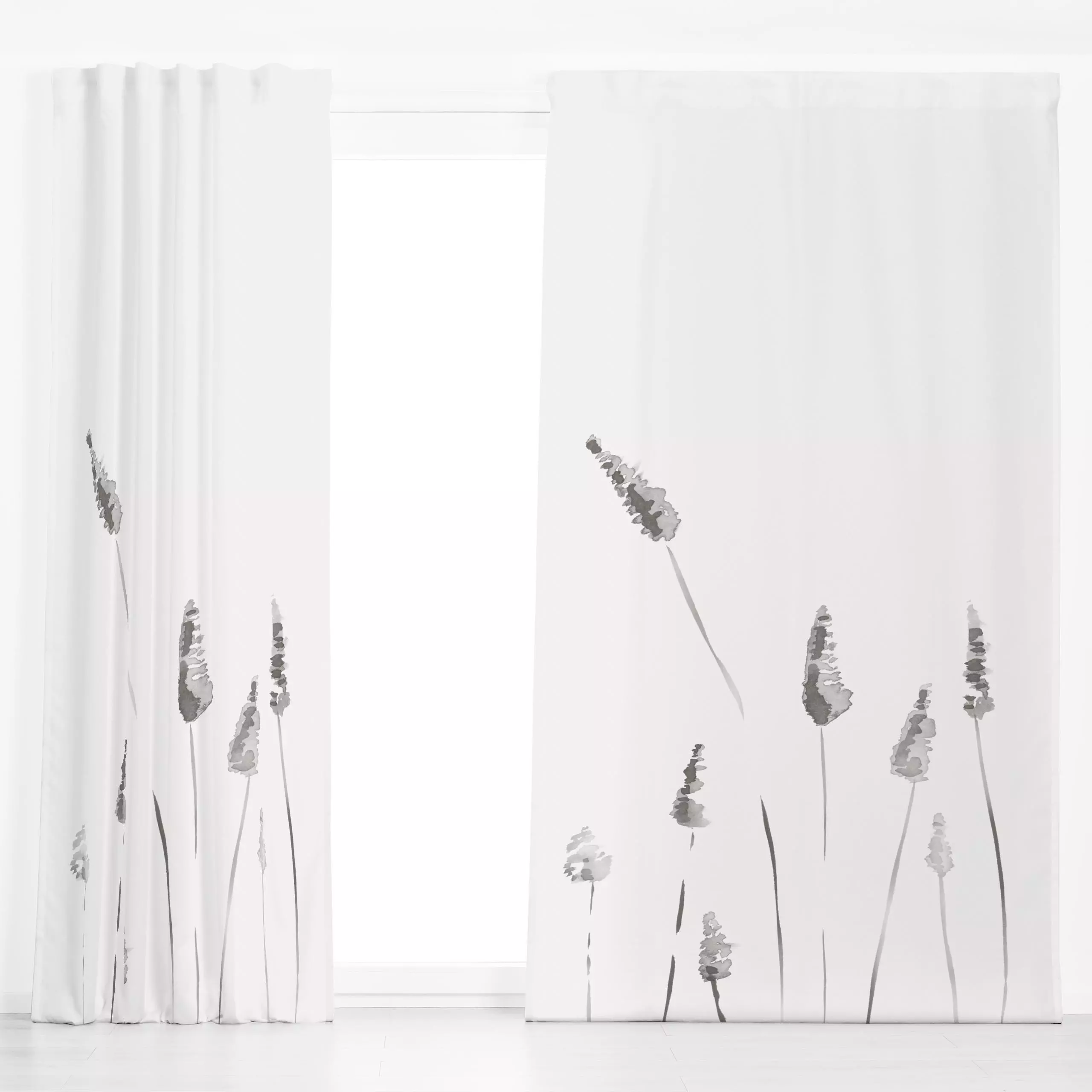Dekovorhang Gray Watercolor Reeds - Natur & Landschaft, Winter, Pflanzen & Botanik - von „Nouveau Prints"; Aquarell, Minimal...