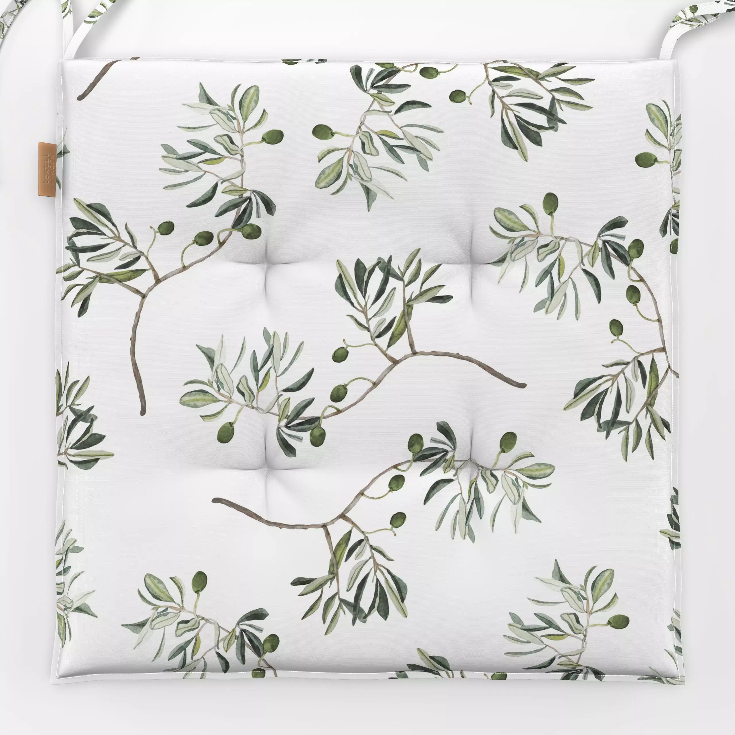 Sitzkissen Grüne Oliven Zweige weiß - Pflanzen & Botanik - von „Karen Menzenbach"; Muster, Wasserfarben, Aquarell, Olive / O...
