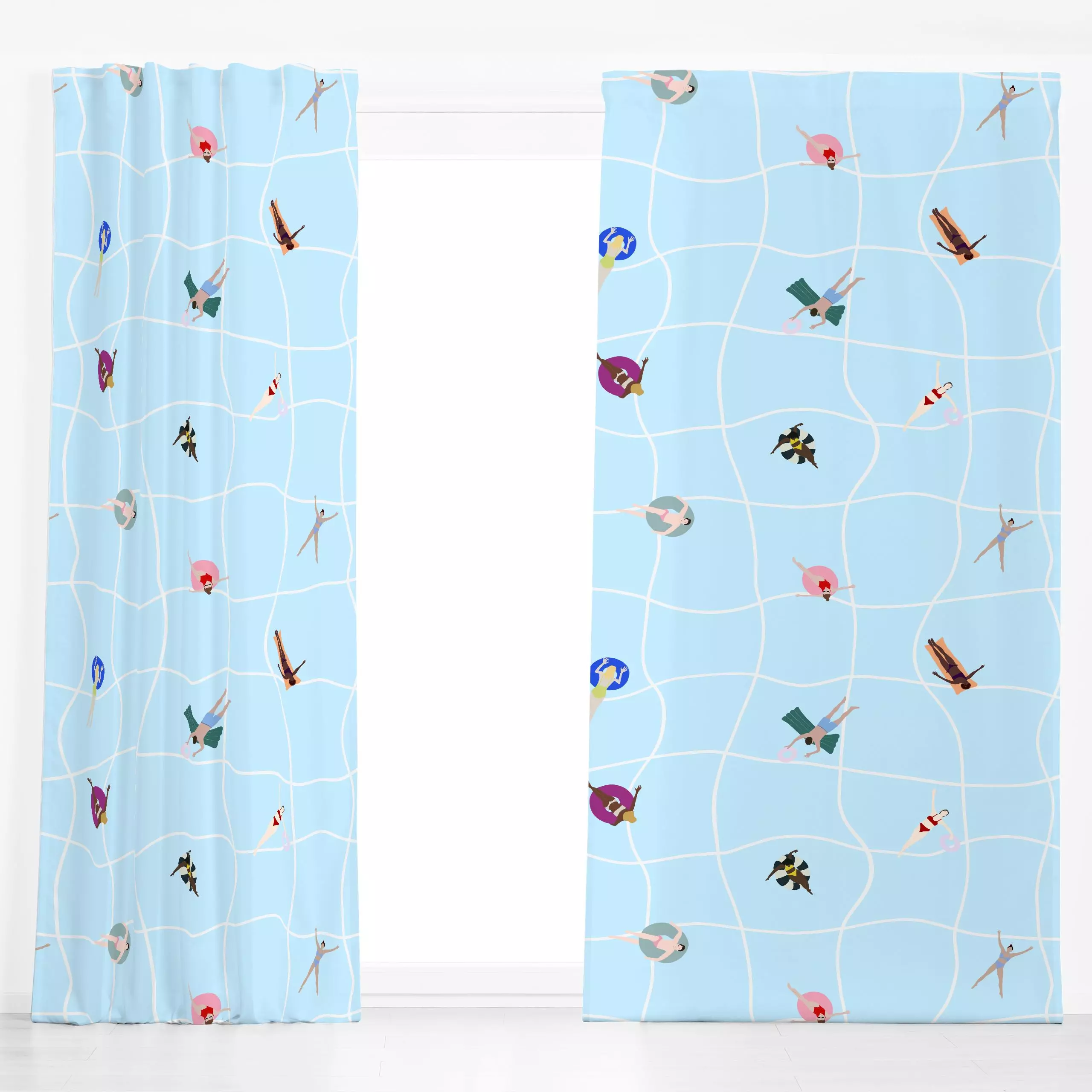 Dekovorhang Poolszene Schwimmringe - Sommer, Symbole & Muster - von „Sophie Augustin Illustration"; Wasser, Schwimmen, Somme...