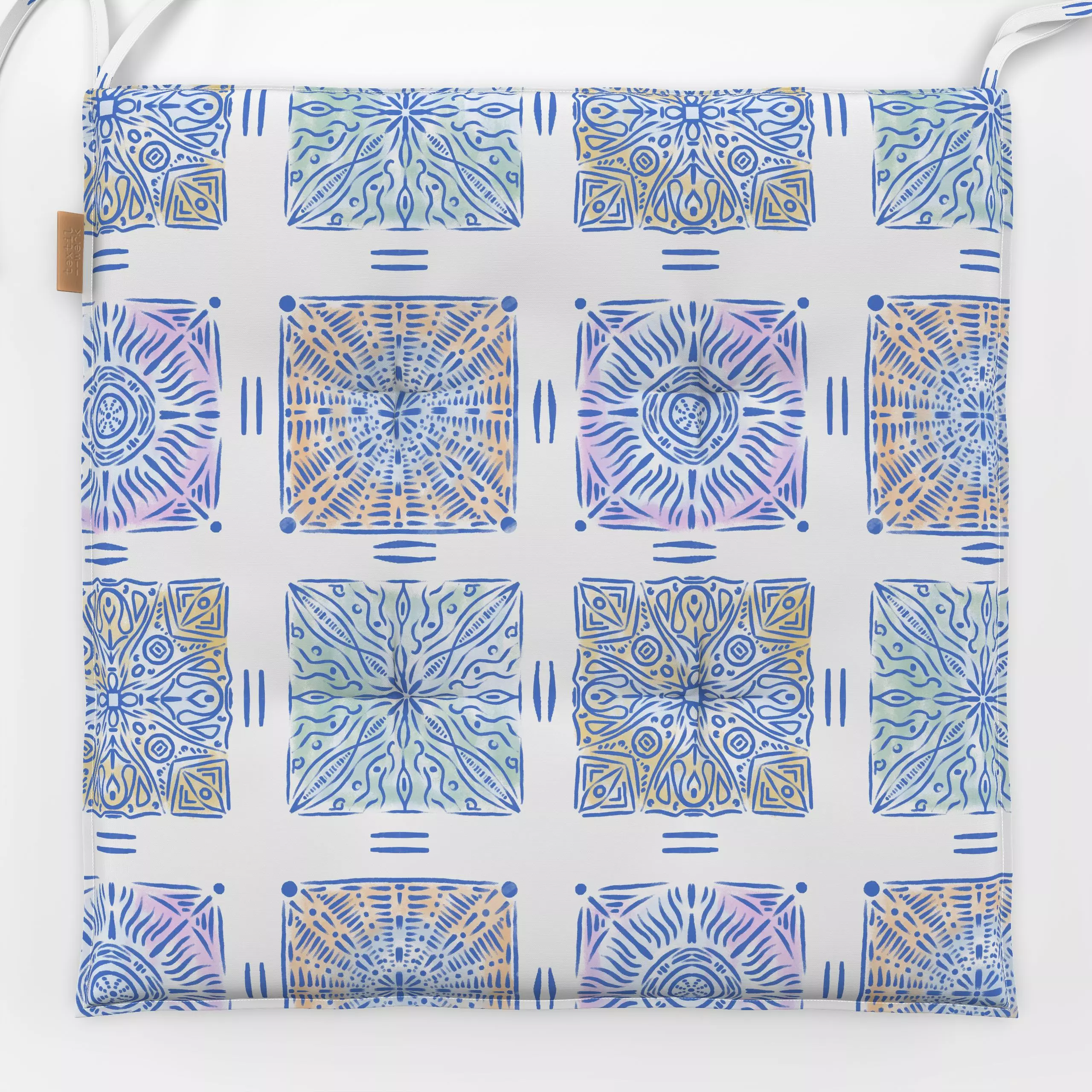 Sitzkissen Mediterranean Tiles Blue - Symbole & Muster - von „Patries Elisabeth"; Sommer, Weiss, mediterranean, azulejo, Mit...