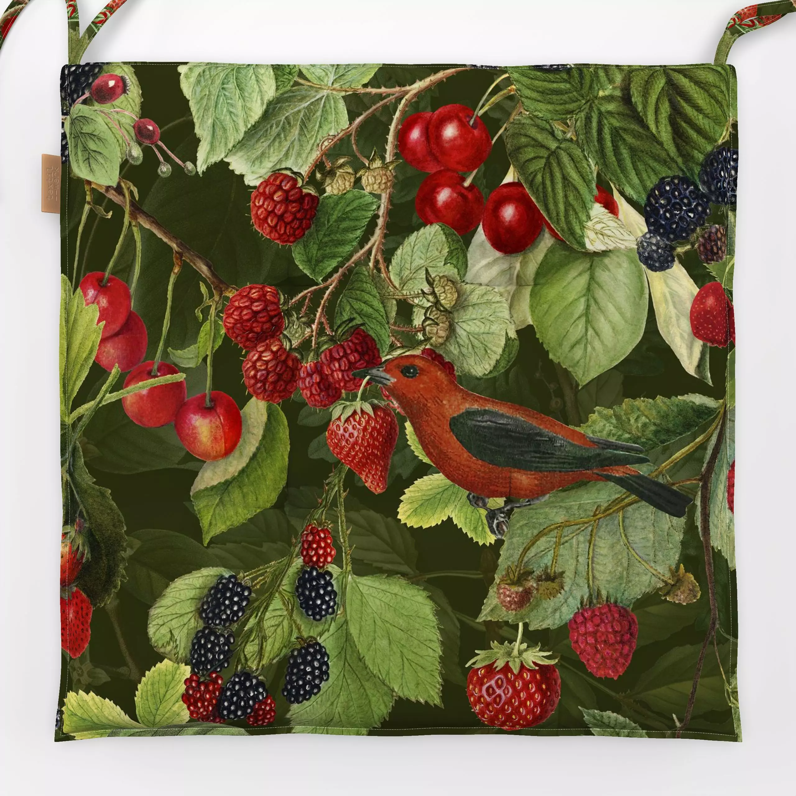 Sitzkissen Im Sommergarten grün - Tiere, Pflanzen & Botanik - von „Andrea Haase"; Obst, Natur, Beeren, Vogel, vintage, botan...