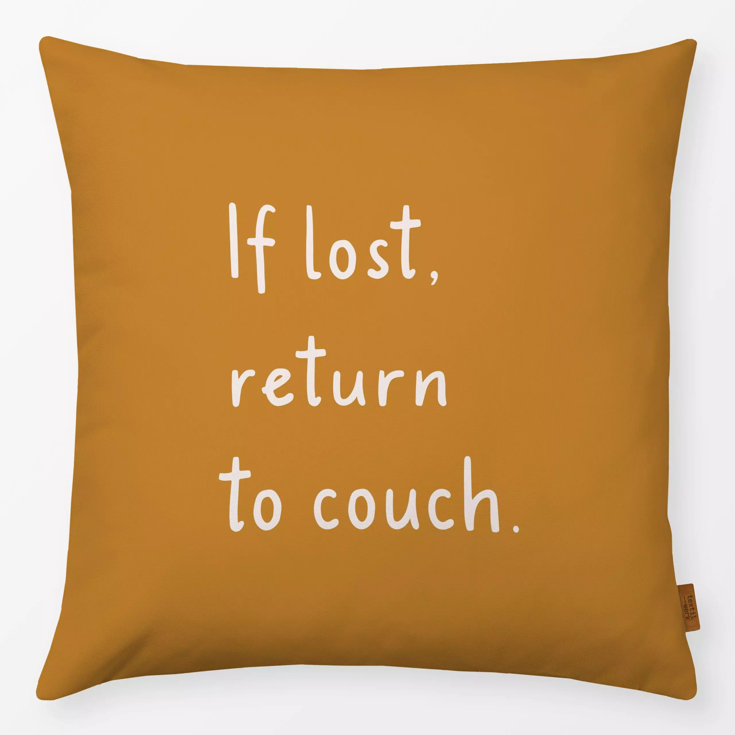 Kissen Return To Couch Gelb - Herbst, Sprüche & Schriftzüge - von „Kathrin Woo"; modern, typografie, witzig, Spruchkissen, H...