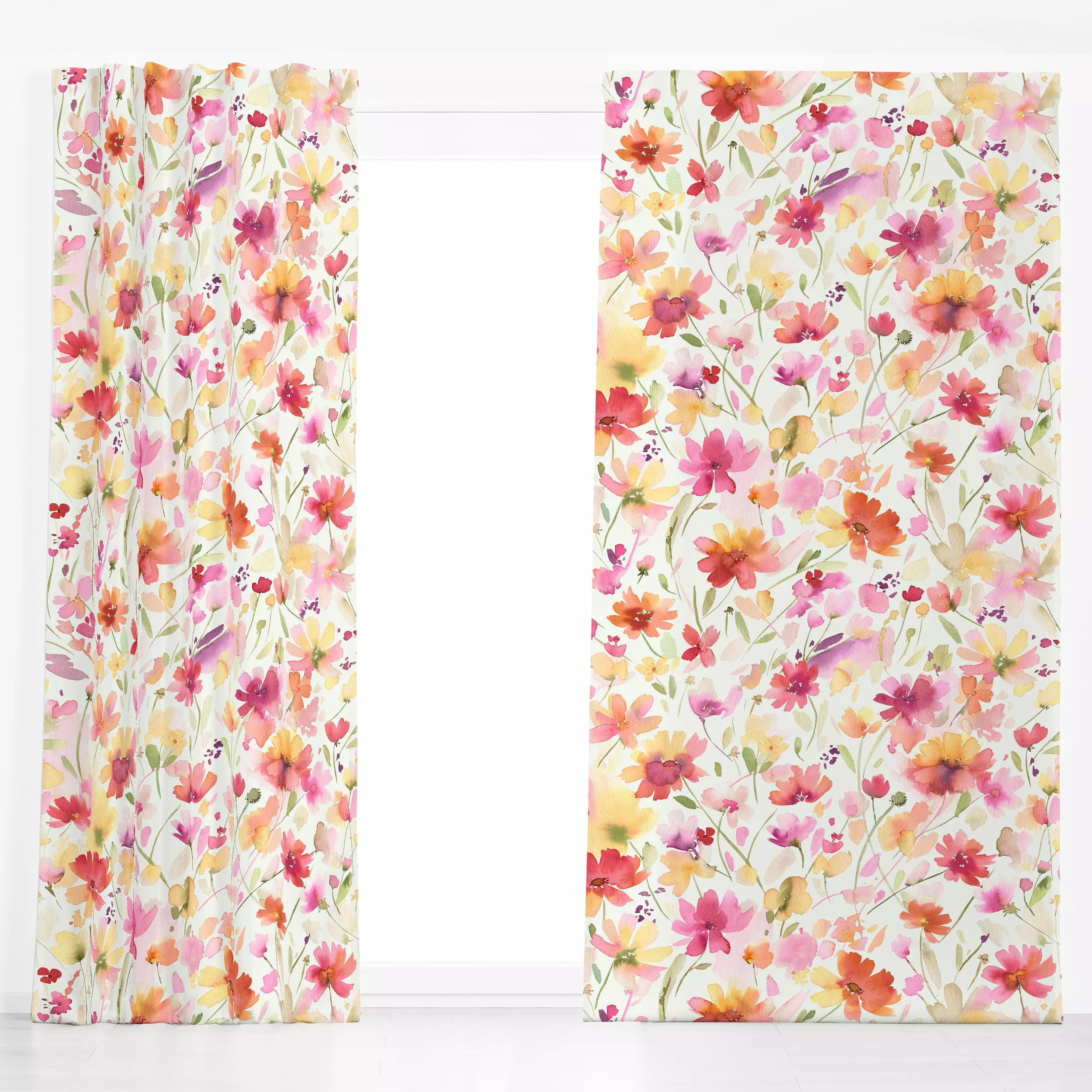 Dekovorhang Spring Cosmos Wildflowers Pink - Blumen & Florales - von „Ninola Design "; Aquarell, Blumen, Sommer, vintage, bu...