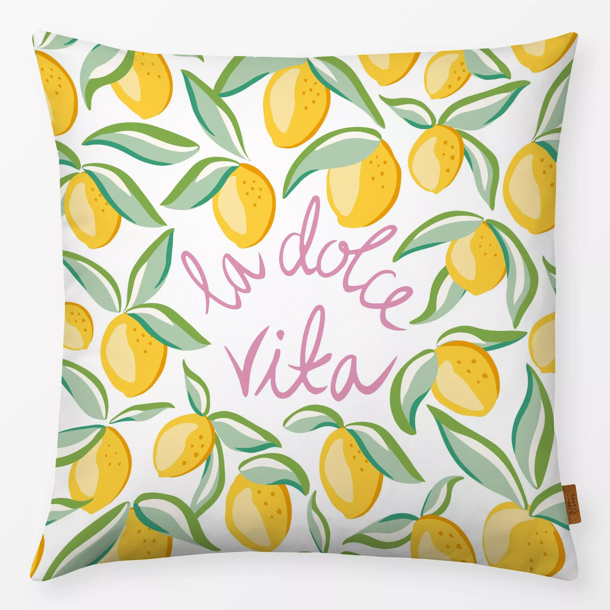 Kissen la dolce vita - Sommer, Sprüche & Schriftzüge - von „Vivian Hasenclever“; rosa, Zitrone, Sommer, gelb, outdoor, Itali...