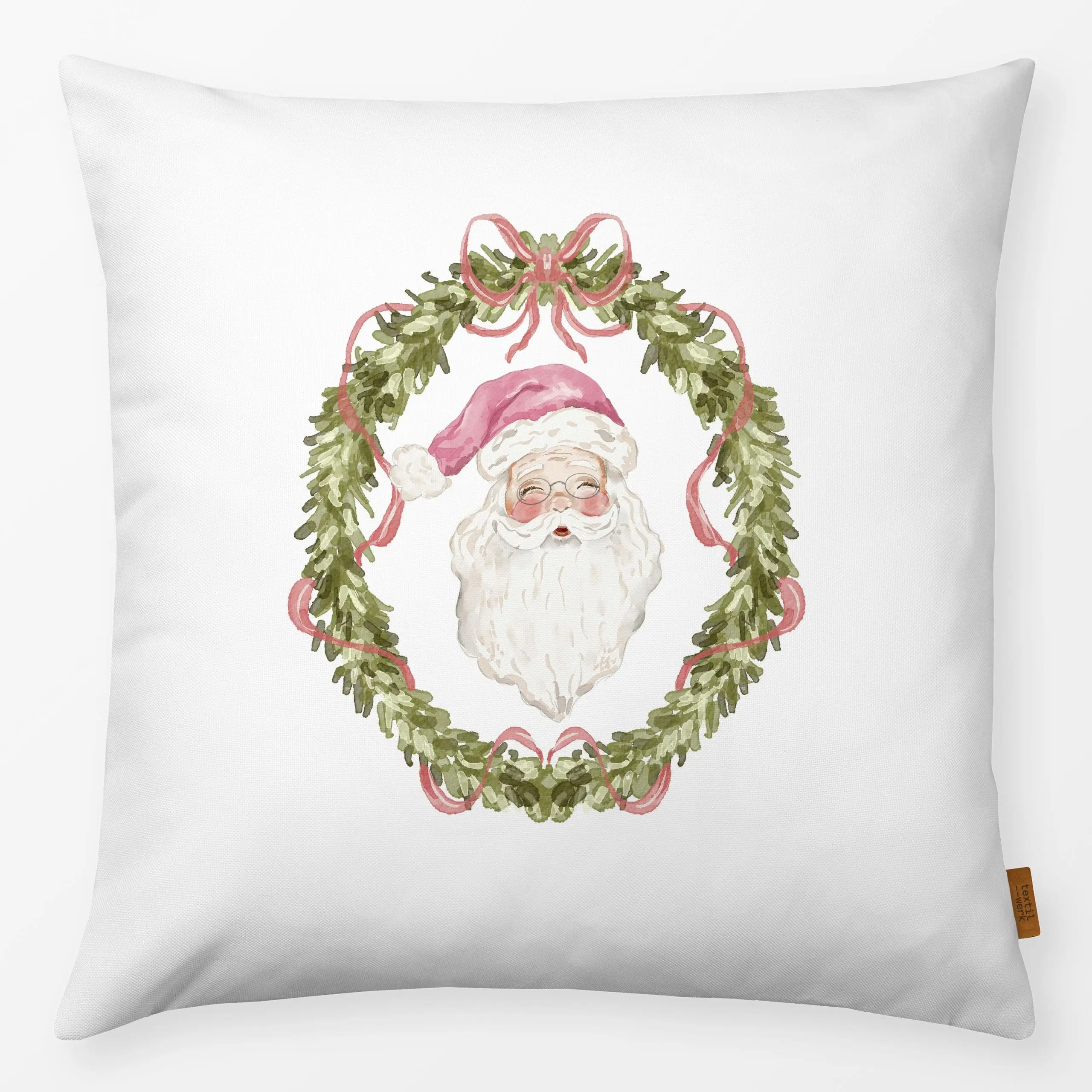 Kissen Weihnachtskranz Nostalgie - Weihnachten, Retro & Vintage - von „Uta Naumann"; Aquarell, Weihnachtsmann, niedlich, lan...