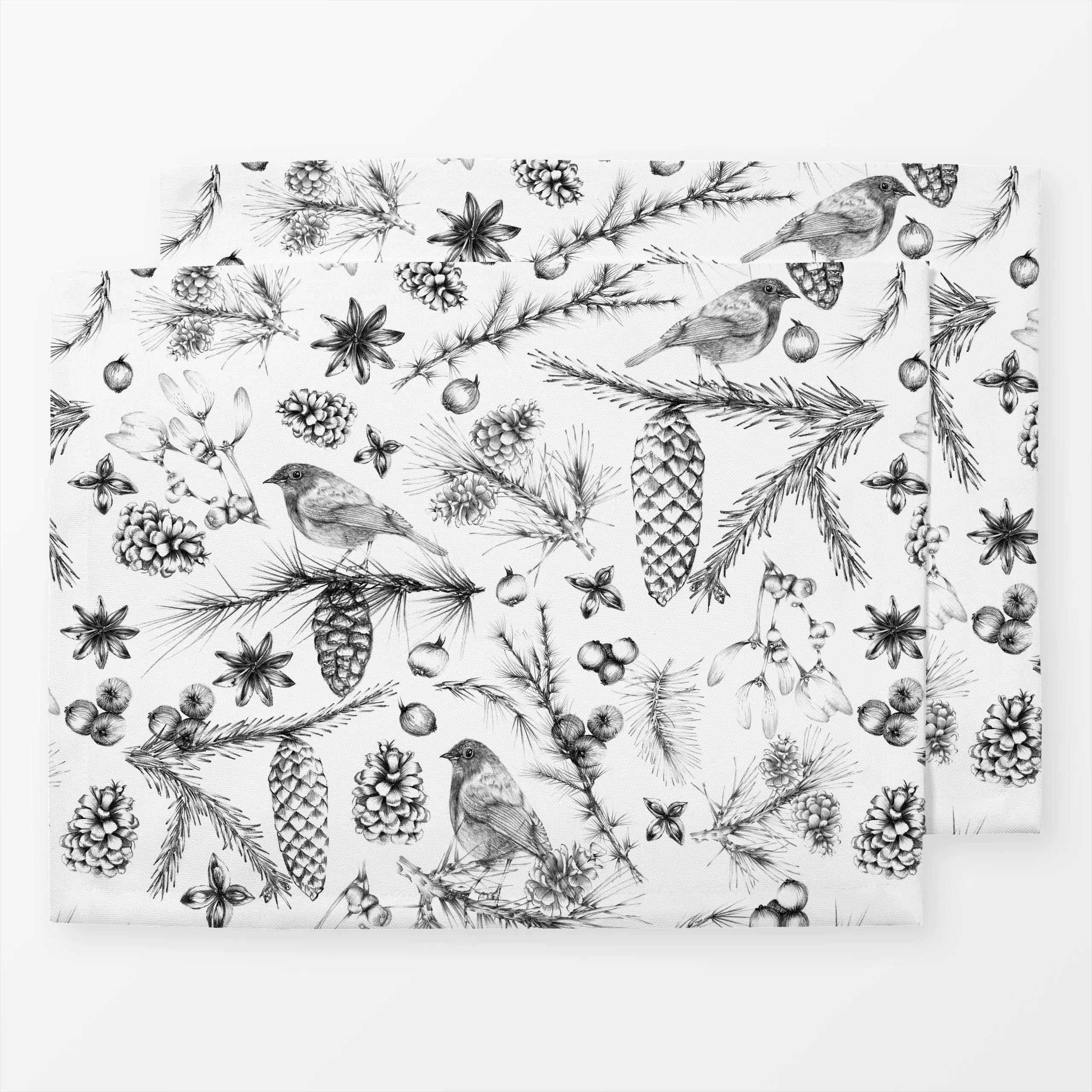 Tischset Vögel im Winterwald 1 - Tiere, Winter - von „Uta Naumann"; skandinavisch, Hygge, Vogel, Tannenzapfen, Weihnachten, ...