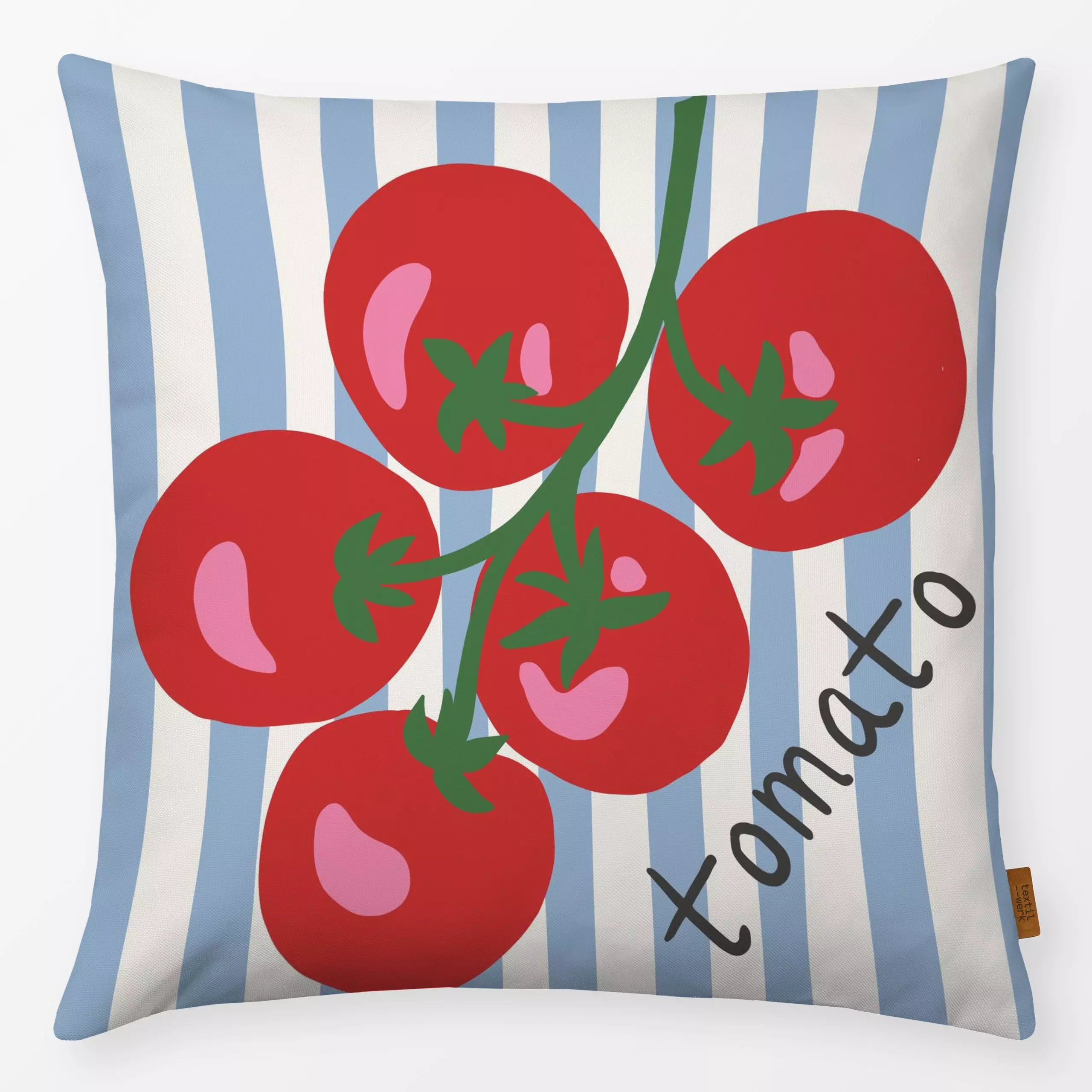 Kissen Tomaten auf Streifen - Herbst, Sprüche & Schriftzüge, Gemüse - von „Vivian Hasenclever"; Streifen, Tomaten, blau, med...
