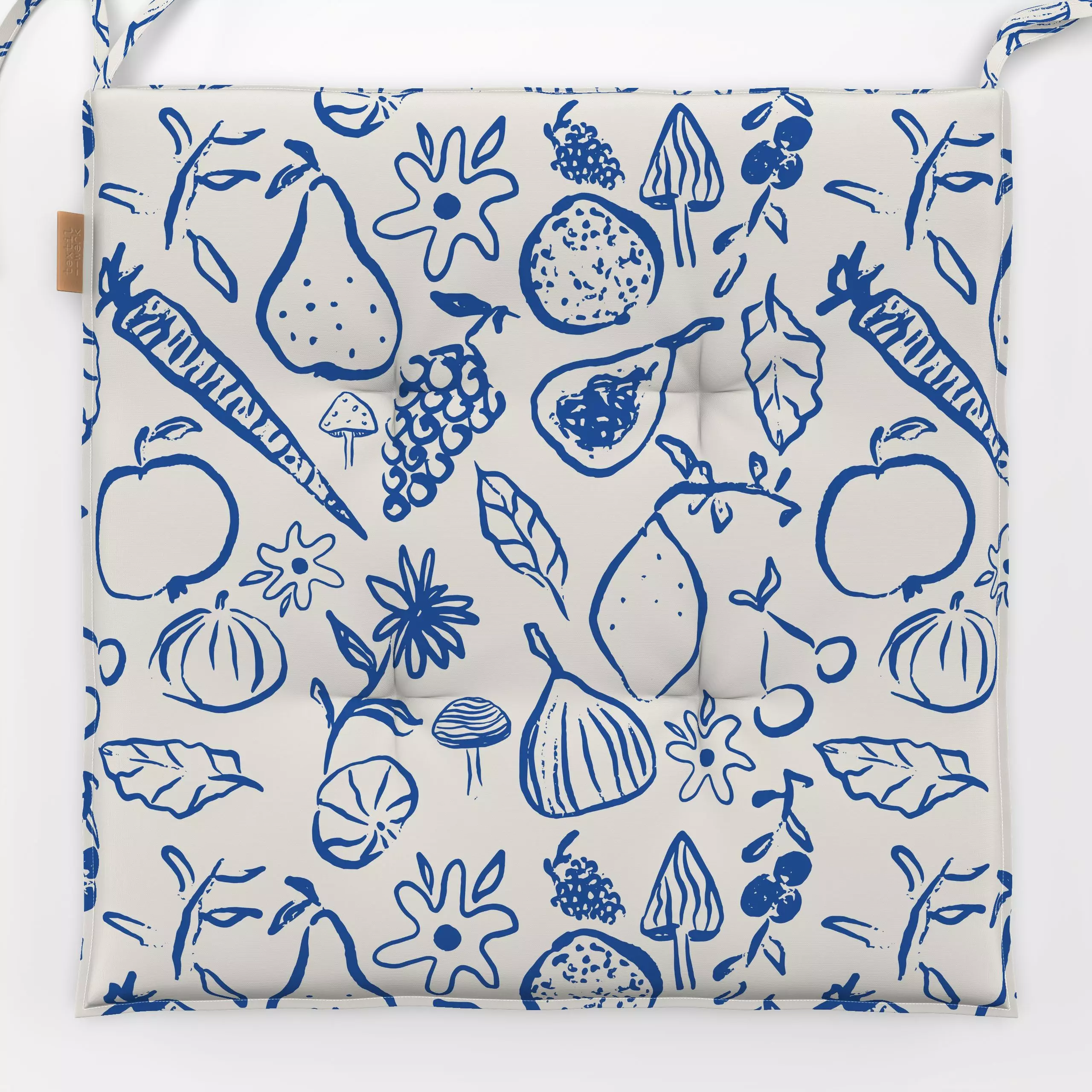 Sitzkissen Herbst Gaben Blau - Herbst - von „Patries Elisabeth"; Obst, Natur, Gouache, Zeichnung, Linien, Garten, Herbst, Ge...