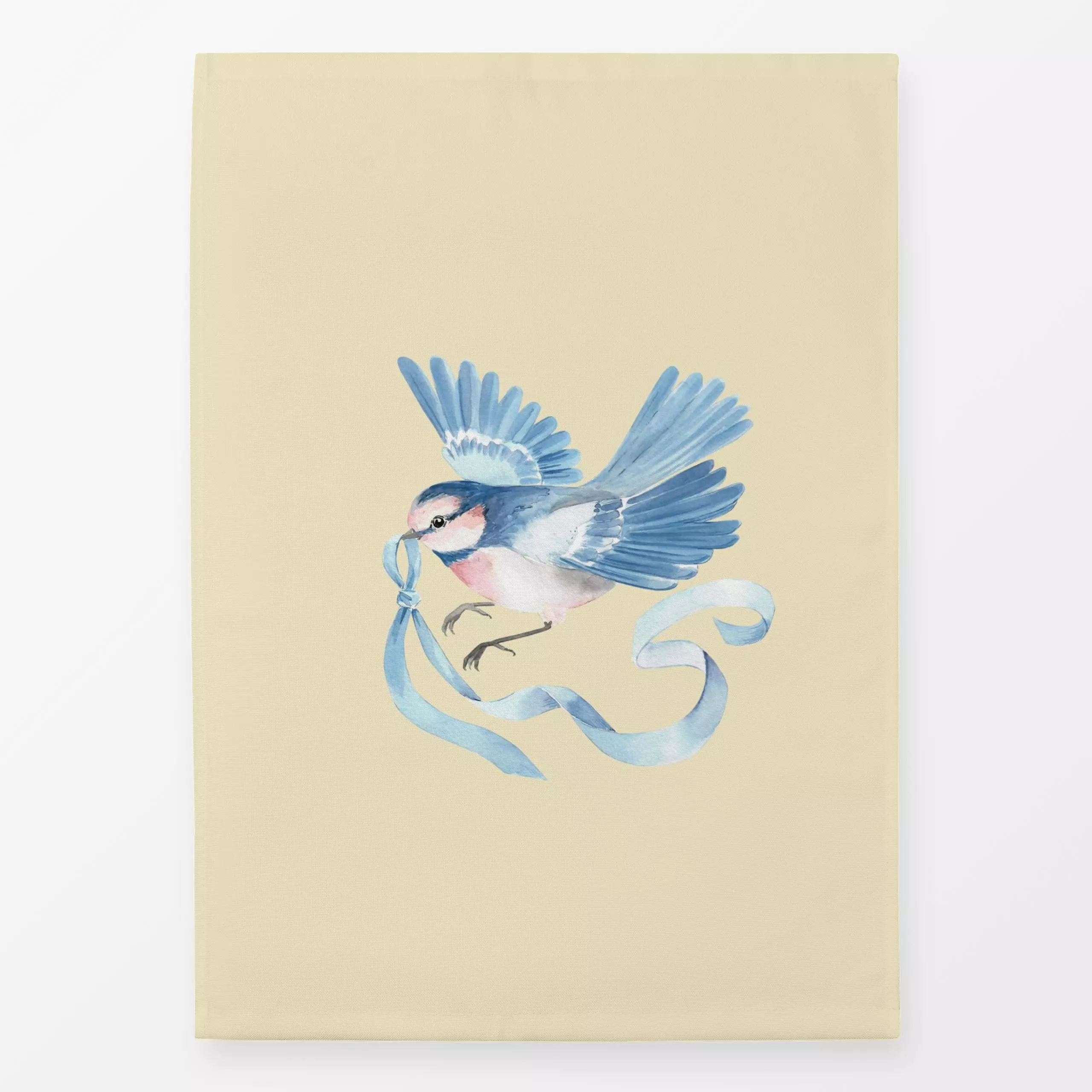 Geschirrtücher Fliegender Vogel mit Band gelb - Frühling, Tiere, Anlässe, Ostern - von „Katrin Graff"; Aquarell, Ostern, sch...