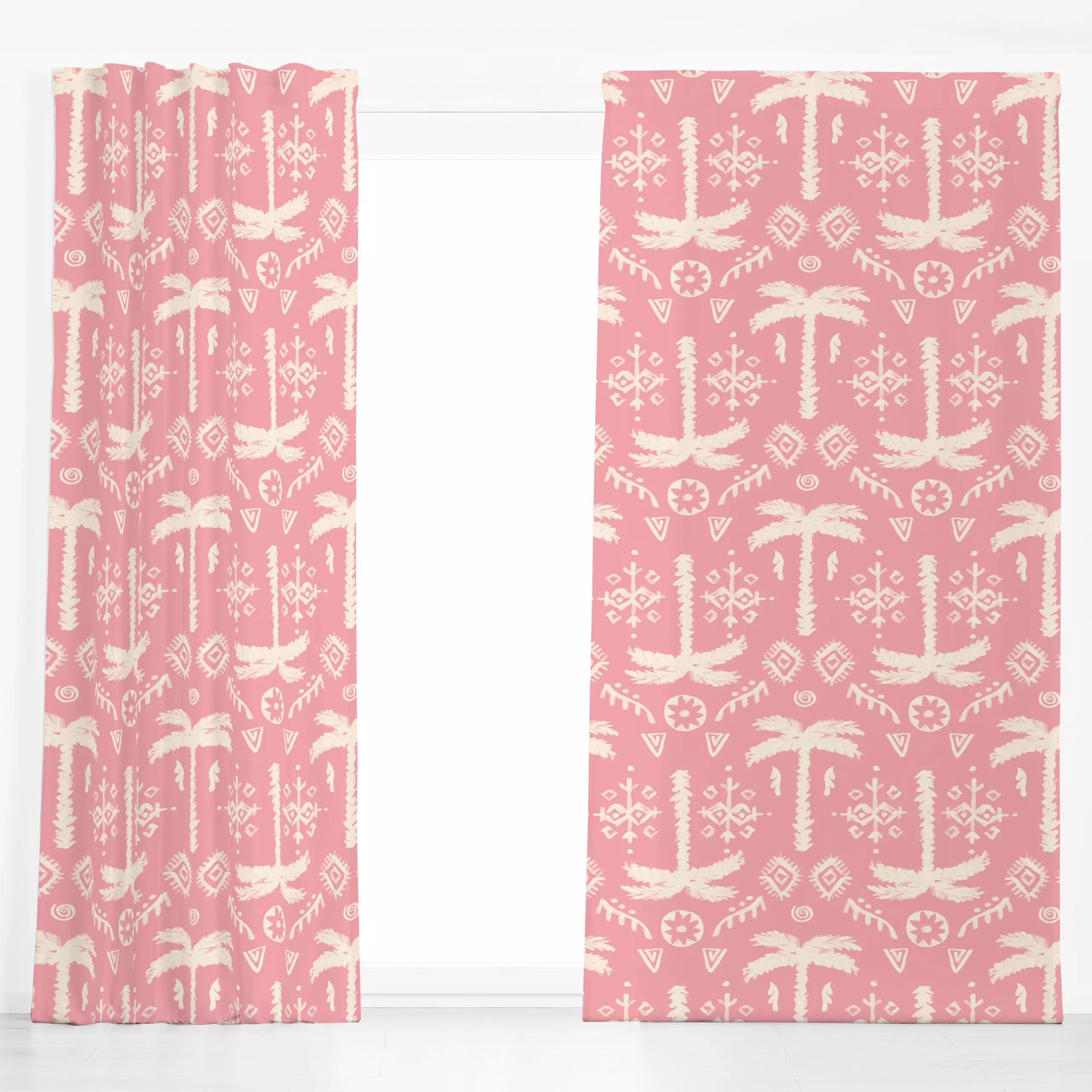 Dekovorhang PALM ETHNO IKAT Rosa - Sommer, Symbole & Muster - von „Kruth Design"; Garten, Sommer, Ethno, ikat, Balkon, Garte...