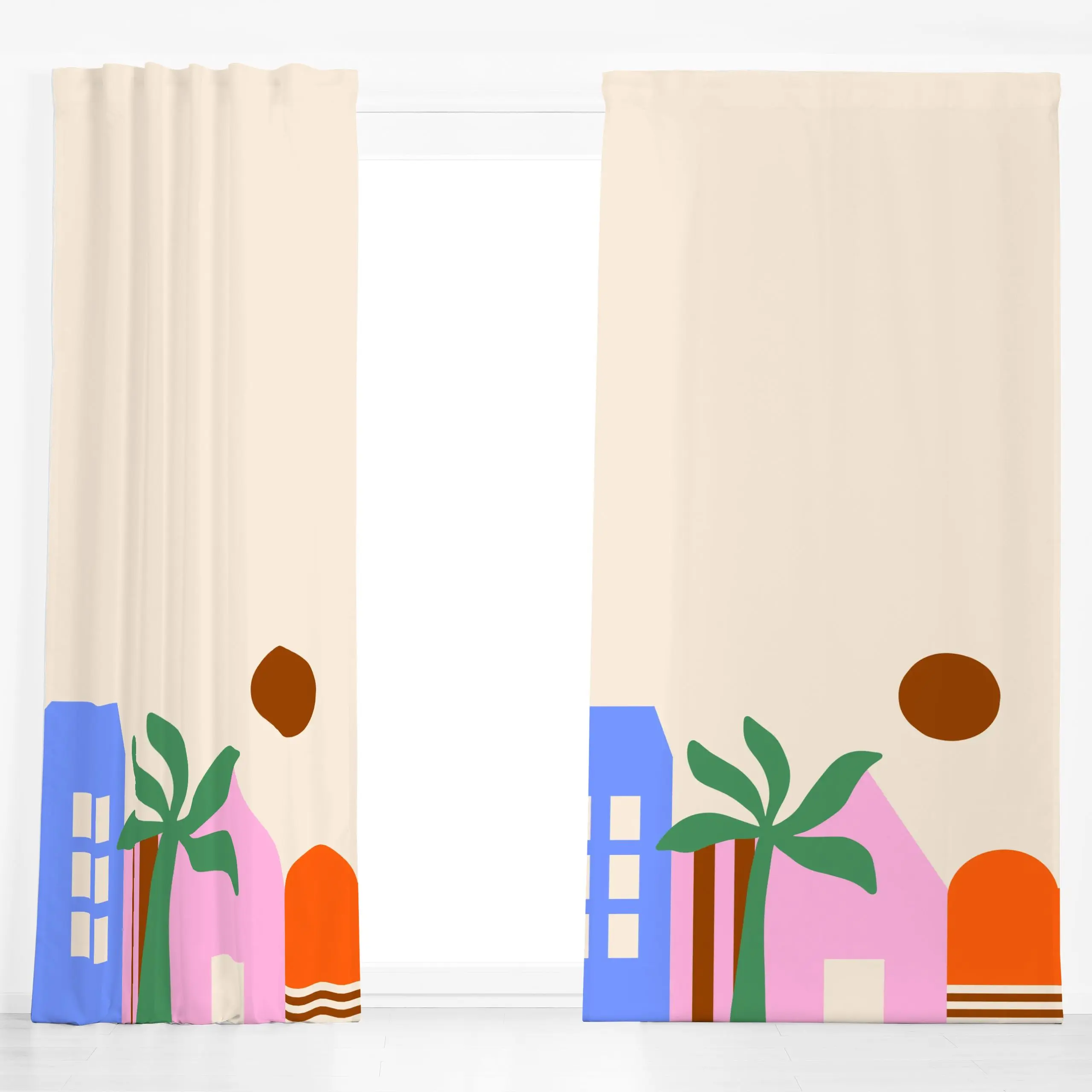 Dekovorhang Tropical City Häuser - Städte & Länder, Sommer, Reise - von „Maren Gross "; Illustration, Sonne, tropisch, tropi...