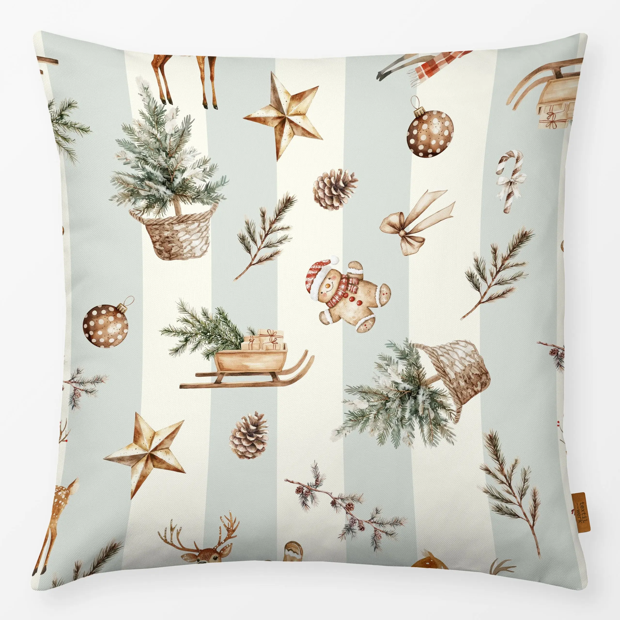 Kissen Cosy Weihnachtsmuster Streifen - Weihnachten - von „Monika Strigel"; Hygge, Rentier, Scandianvian, Hirsch, schleife, ...