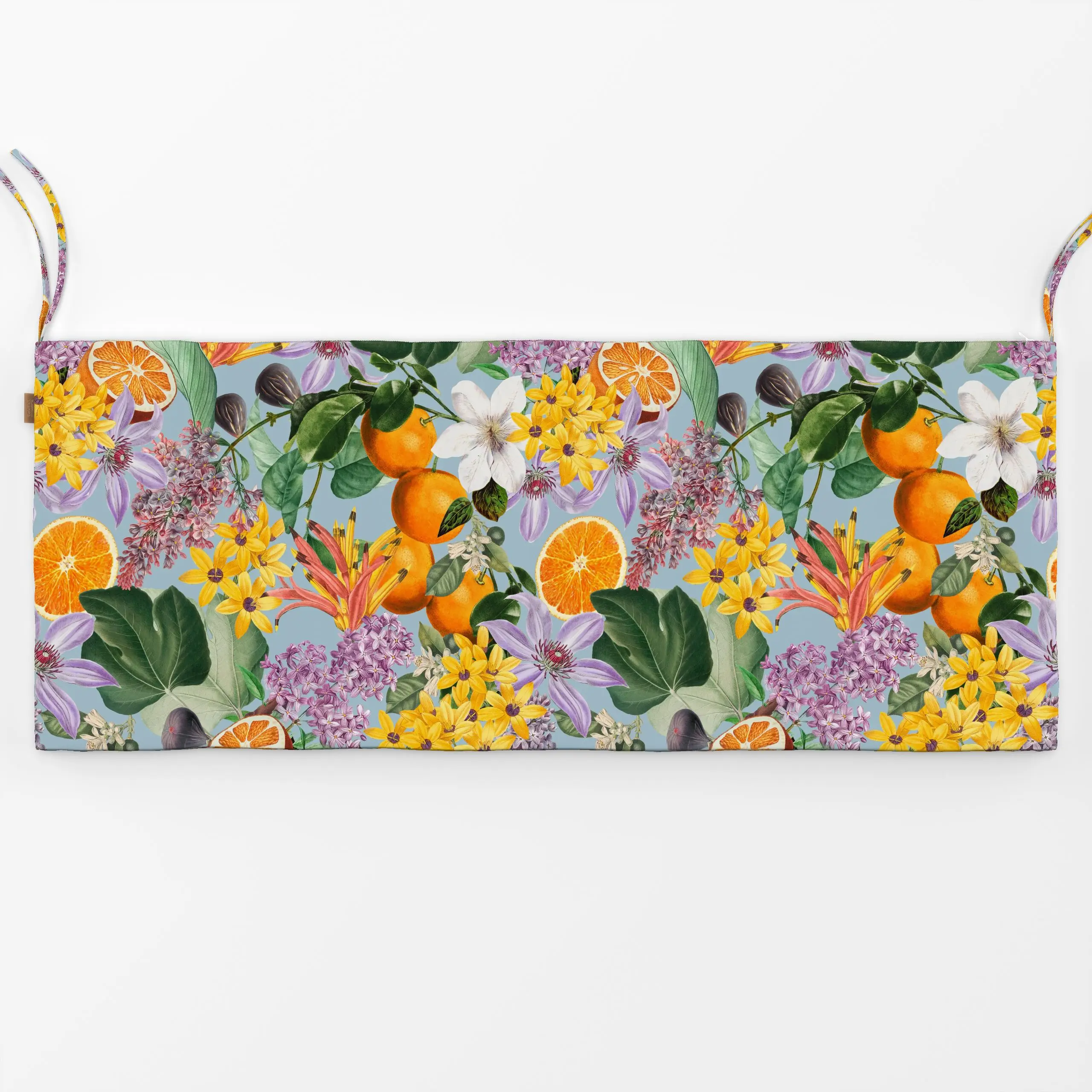 Bankauflage Orangen im Blütenmeer blau - Blumen & Florales, Sommer, Früchte - von „Uta Naumann"; Muster, Garten, Orange, tro...