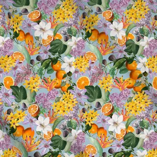 Meterware Orangen im Blütenmeer blau