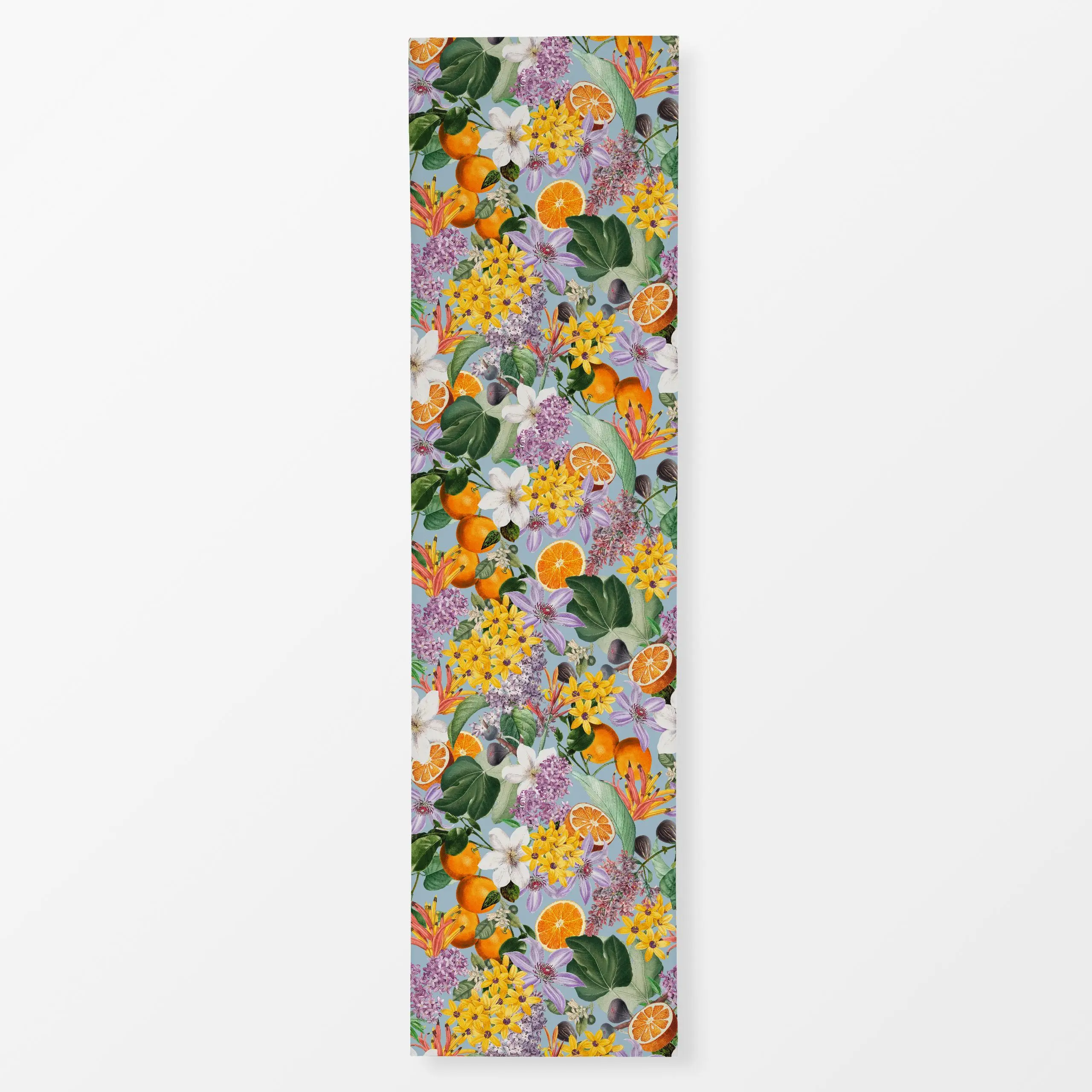 Tischläufer Orangen im Blütenmeer blau - Blumen & Florales, Sommer, Früchte - von „Uta Naumann"; Muster, Garten, Orange, tro...