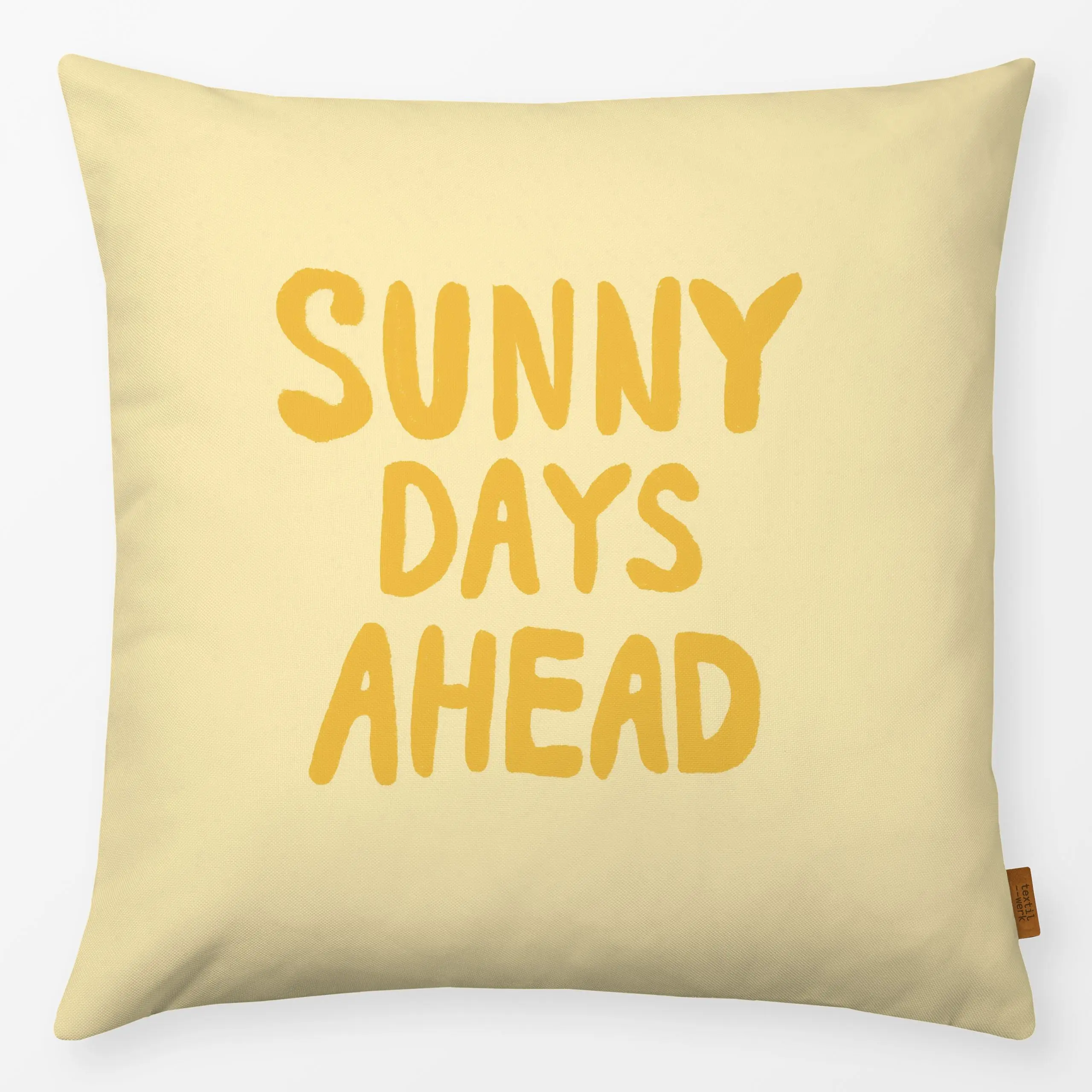 Kissen Sunny Days Ahead - Frühling, Sprüche & Schriftzüge, Retro & Vintage - von „Studio Dolci"; gelb, Handschrift, Fruehlin...
