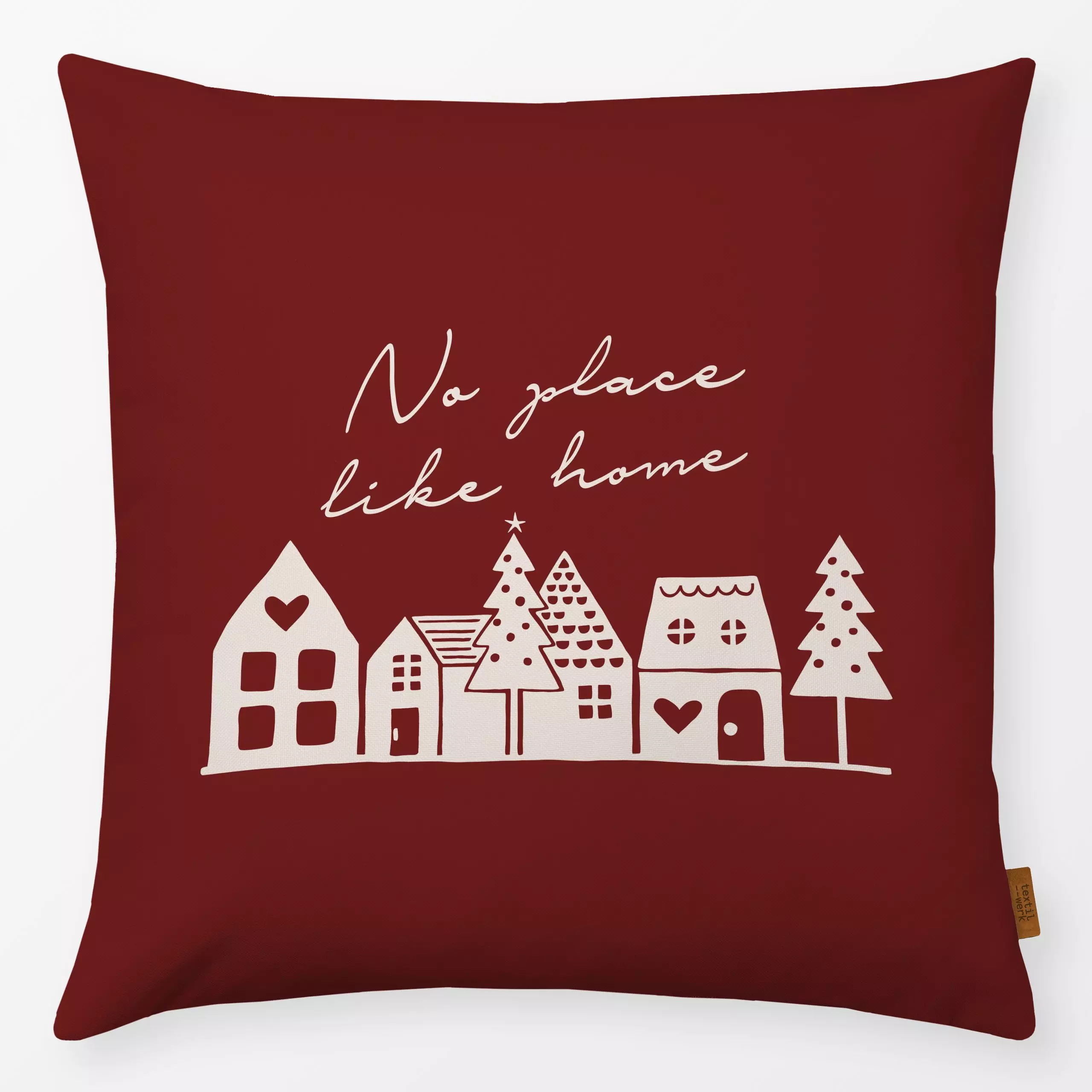 Kissen Home Häuser rot - Sprüche & Schriftzüge, Weihnachten - von „Studio Kesse"; Home, Tannenbaum, Weihnachtsbaum, Weihnach...