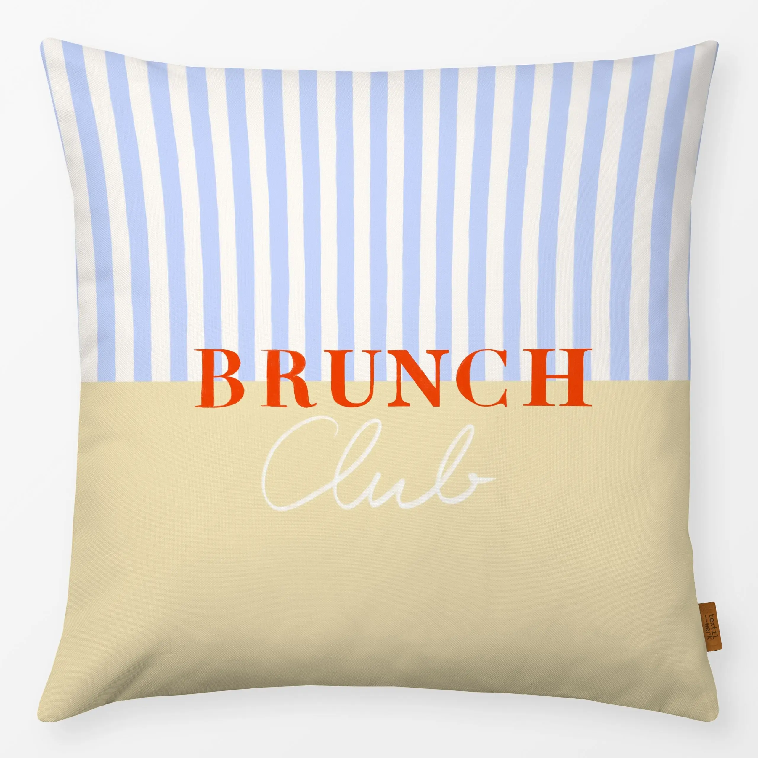 Kissen Brunch Club Blau Gelb - Sprüche & Schriftzüge, Symbole & Muster - von „Sophie Augustin Illustration"; Streifen, moder...