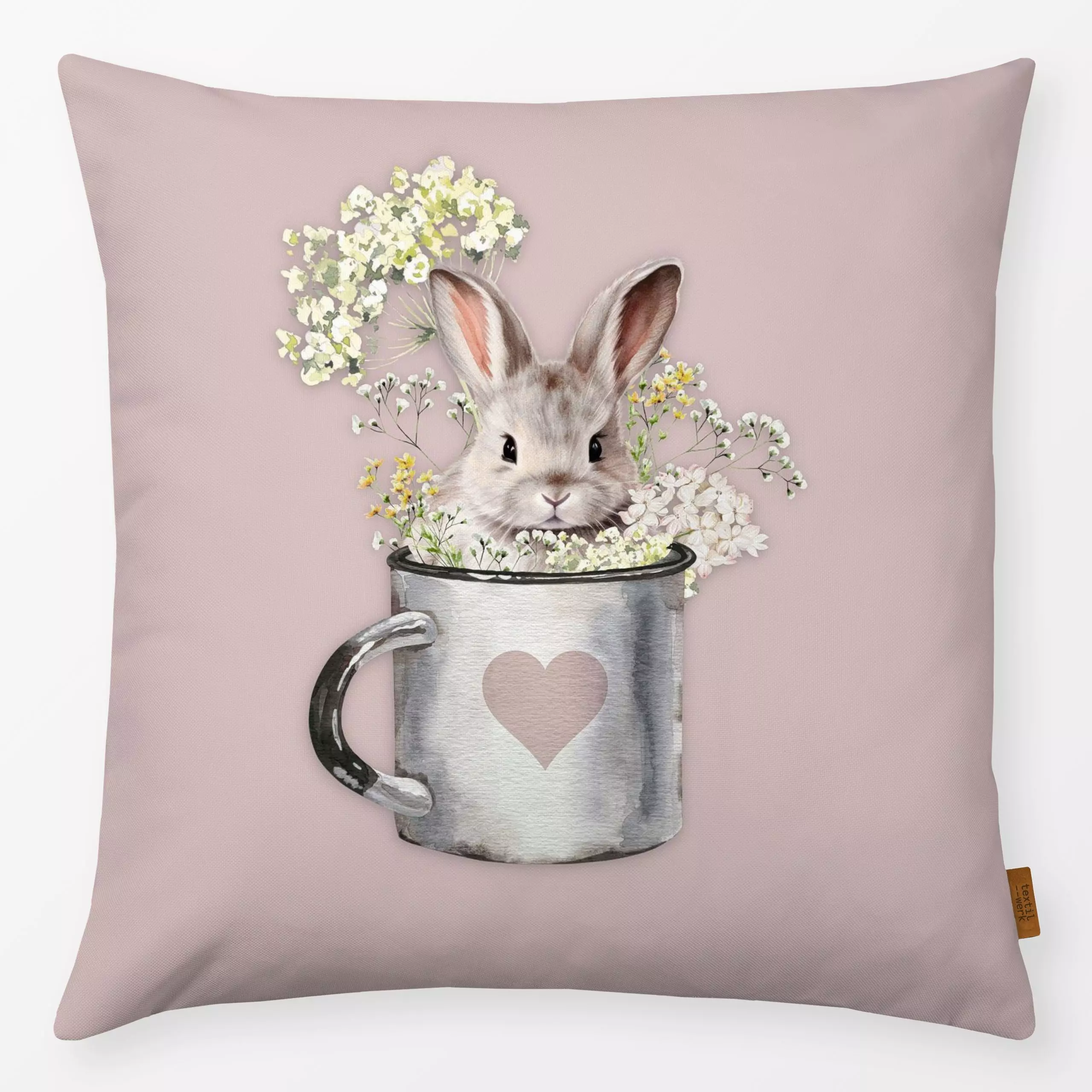 Kissen Hase in Tasse Blume Rosa - Frühling, Tiere, Ostern - von „Monika Strigel"; altrosa, Hase, niedlich, Ostern, Osterhase...