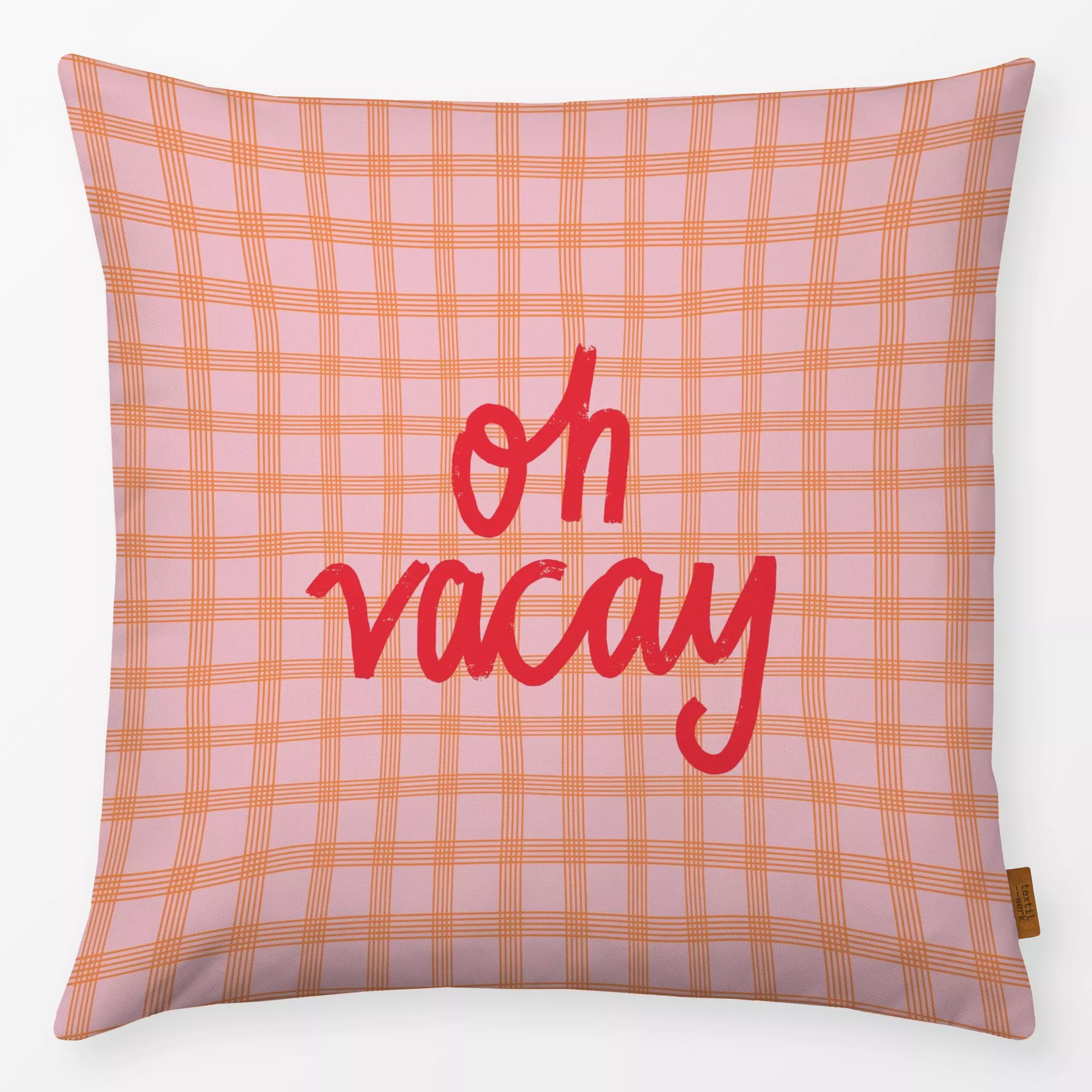 Kissen OH VACAY PEACH - Sommer, Sprüche & Schriftzüge - von „Kruth Design“; Garten, Sommer, Karo, Spruchkissen, outdoor, Som...