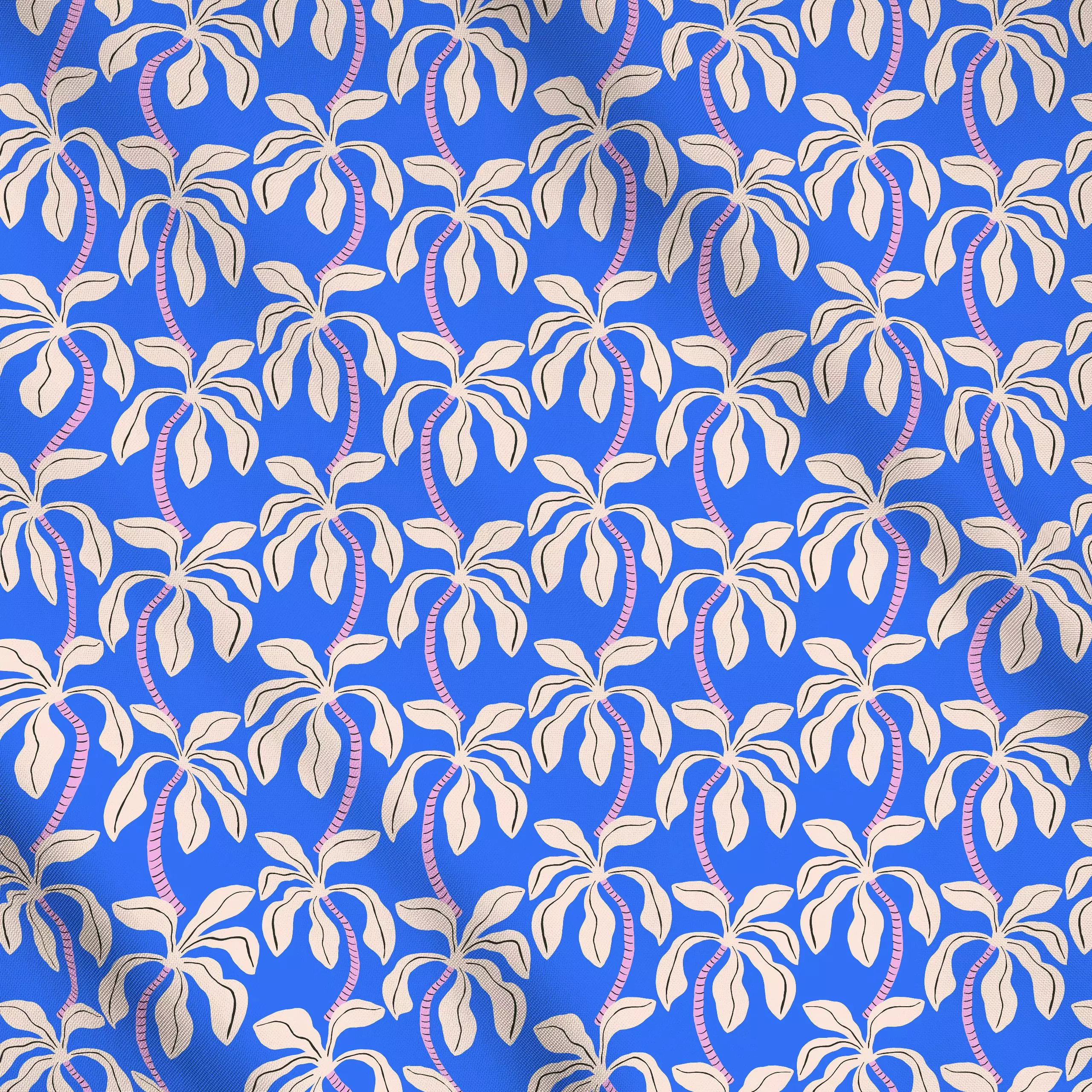 Meterware Palmen auf blau - Sommer, Pflanzen & Botanik - von „Julia Schumacher"; schwarz, Palmen, beige, Palmenwedel, wellen...