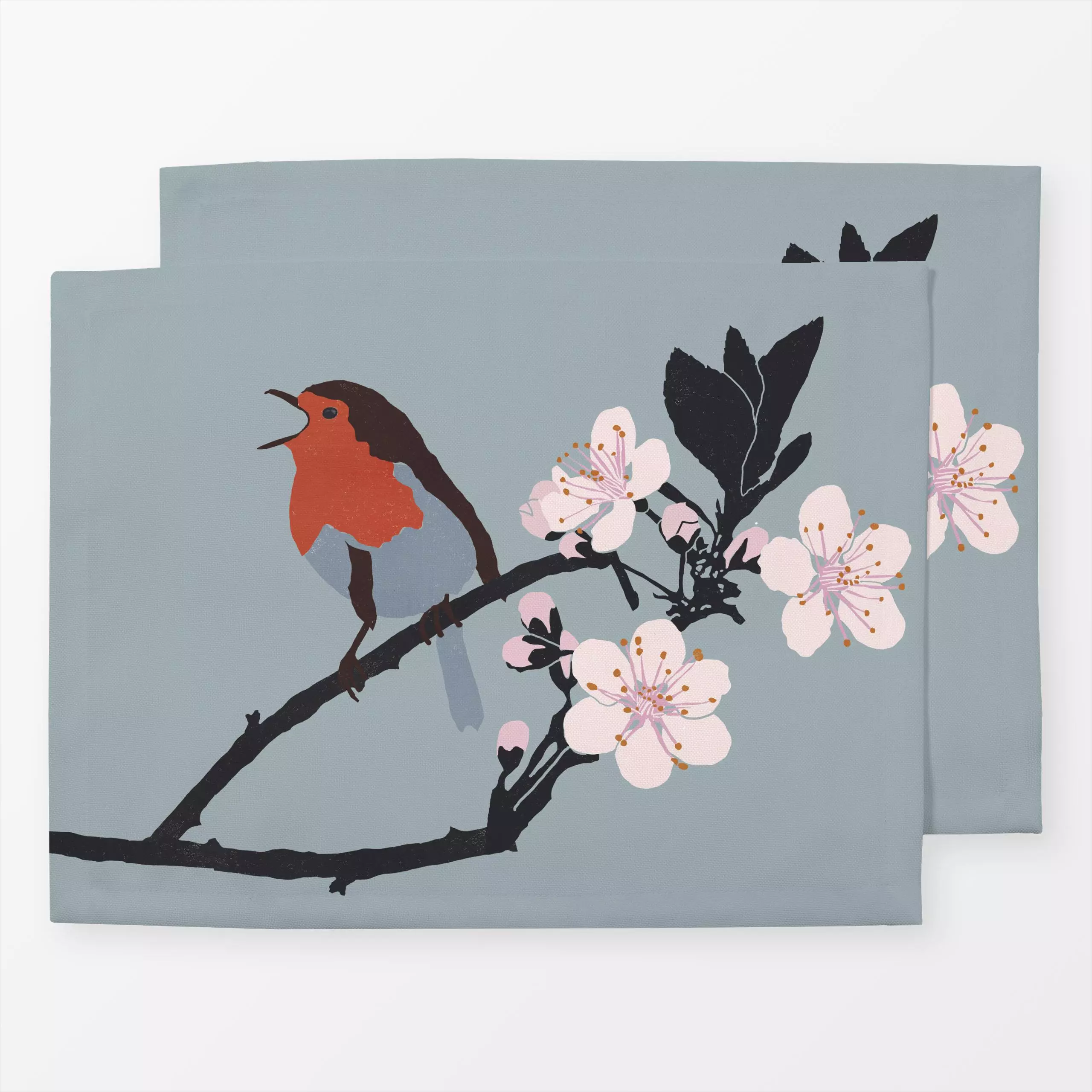 Tischset Rotkehlchen graublau - Frühling, Tiere - von „Sophie Augustin Illustration"; Natur, Blüten, Vogel, Rotkehlchen, min...