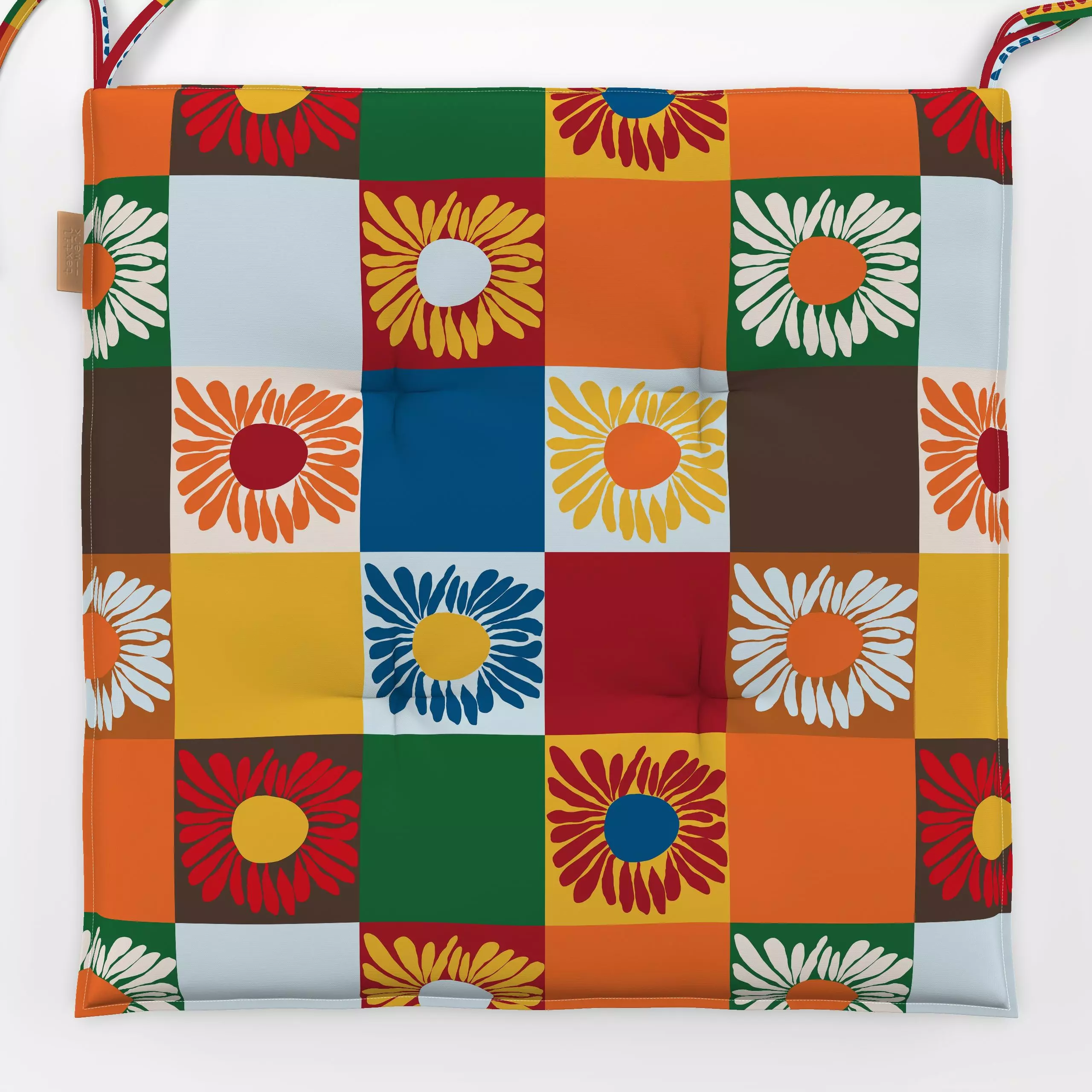 Sitzkissen Sonnenblume trifft Karos - Herbst, Symbole & Muster - von „Ursula Tücks"; modern, grafisch, Herbst, Herbstdeko, K...