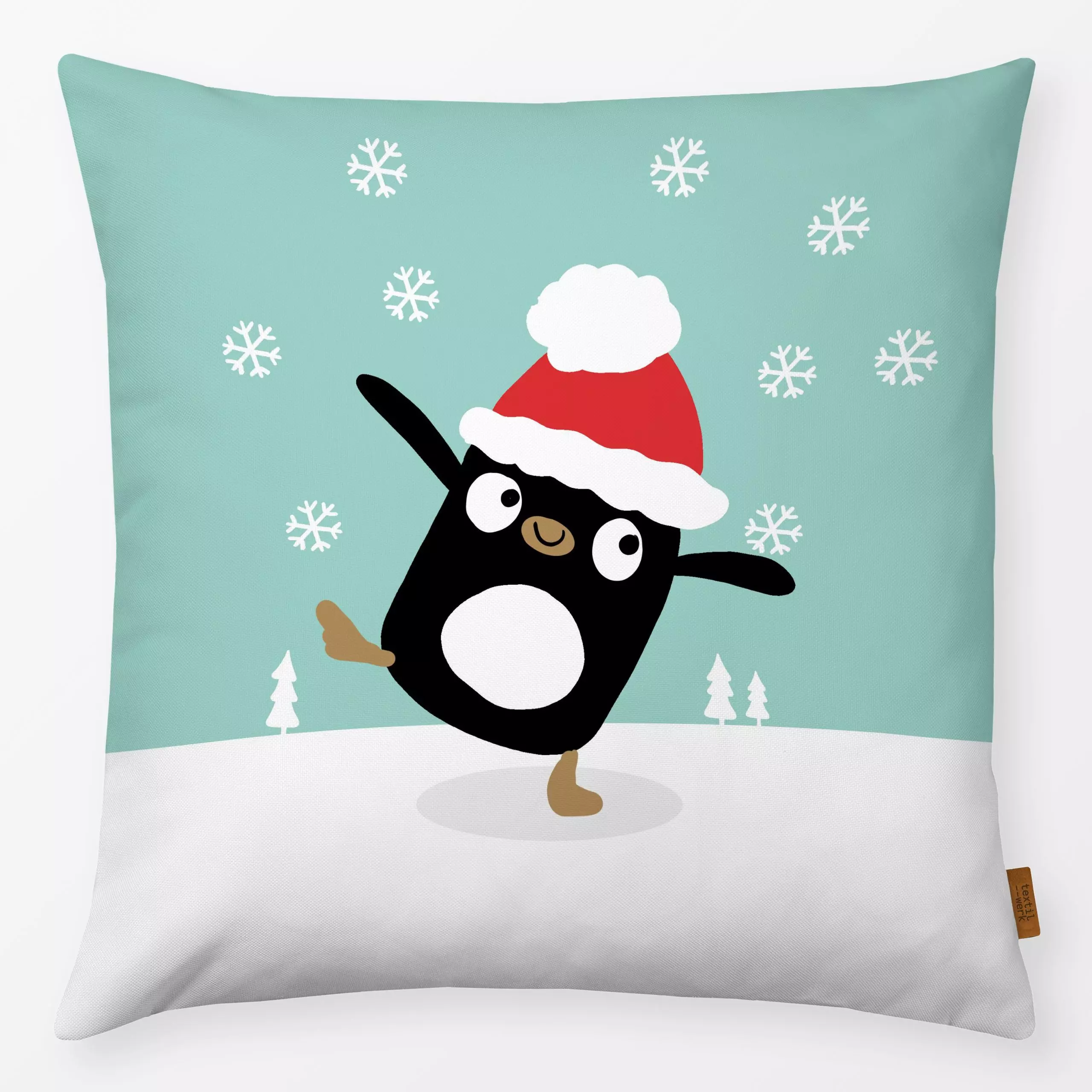 Kissen Froelicher Pinguin - Tiere, Weihnachten - von „Julia Reyelt"; Kinder, Pinguin, Schneeflocken, Weihnachten, Lustig, fr...