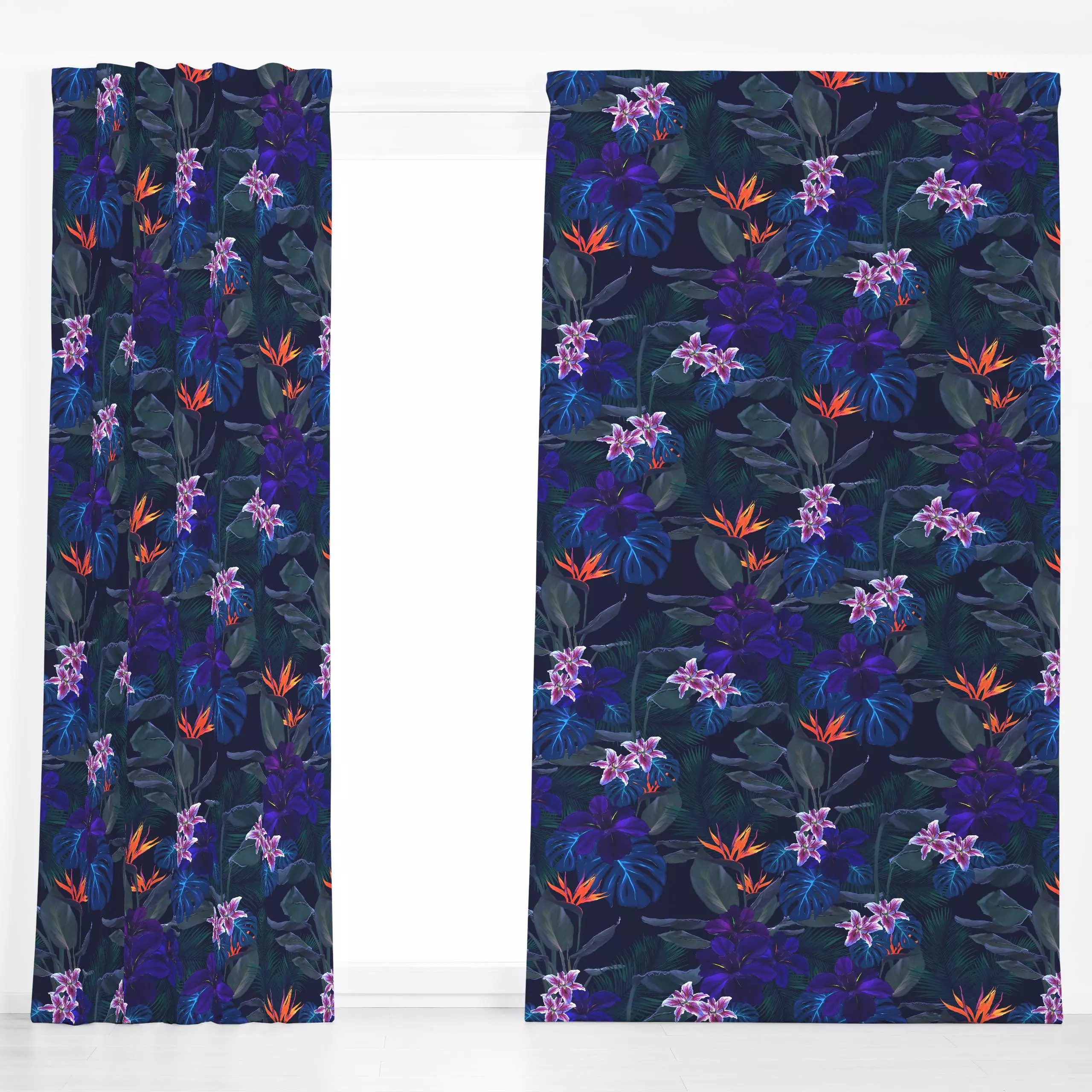 Dekovorhang Dark Tropical - Blumen & Florales, Pflanzen & Botanik - von „Danii Pollehn"; Blumen, Monstera, Blüten, tropisch,...